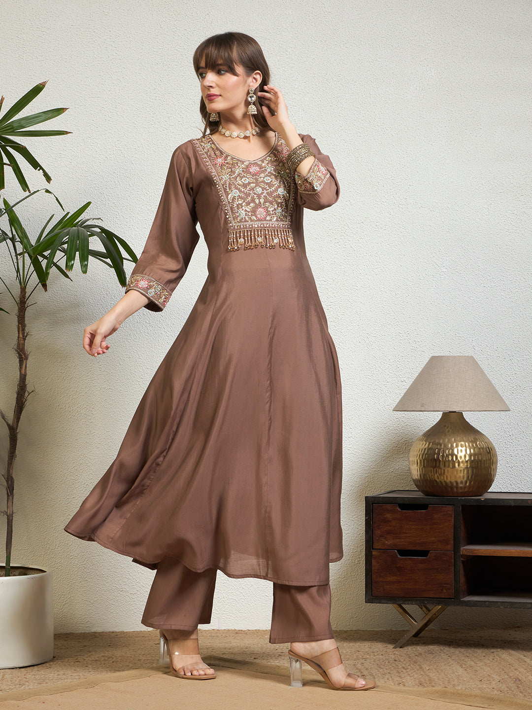 Women Brown Embellished Anarkali Kurta Set with Tassel Detailing, Pant & Dupatta
