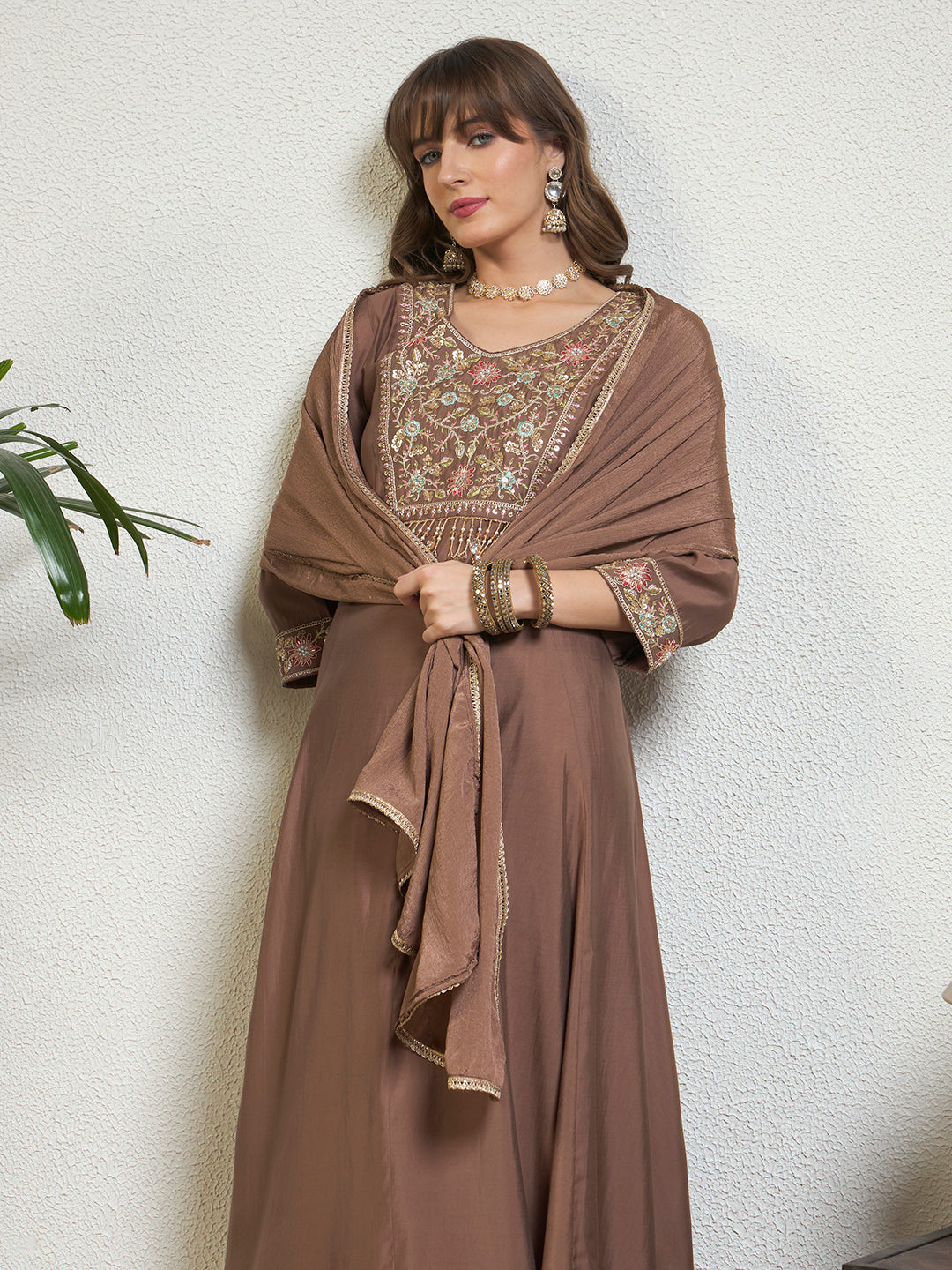 Women Brown Embellished Anarkali Kurta Set with Tassel Detailing, Pant & Dupatta