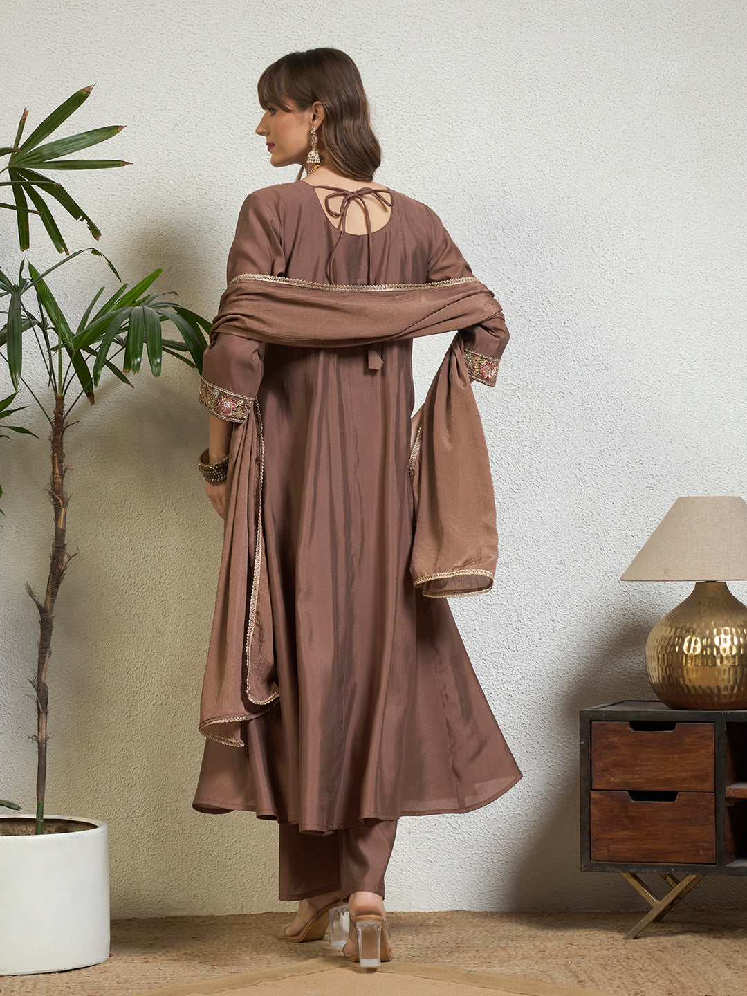 Women Brown Embellished Anarkali Kurta Set with Tassel Detailing, Pant & Dupatta