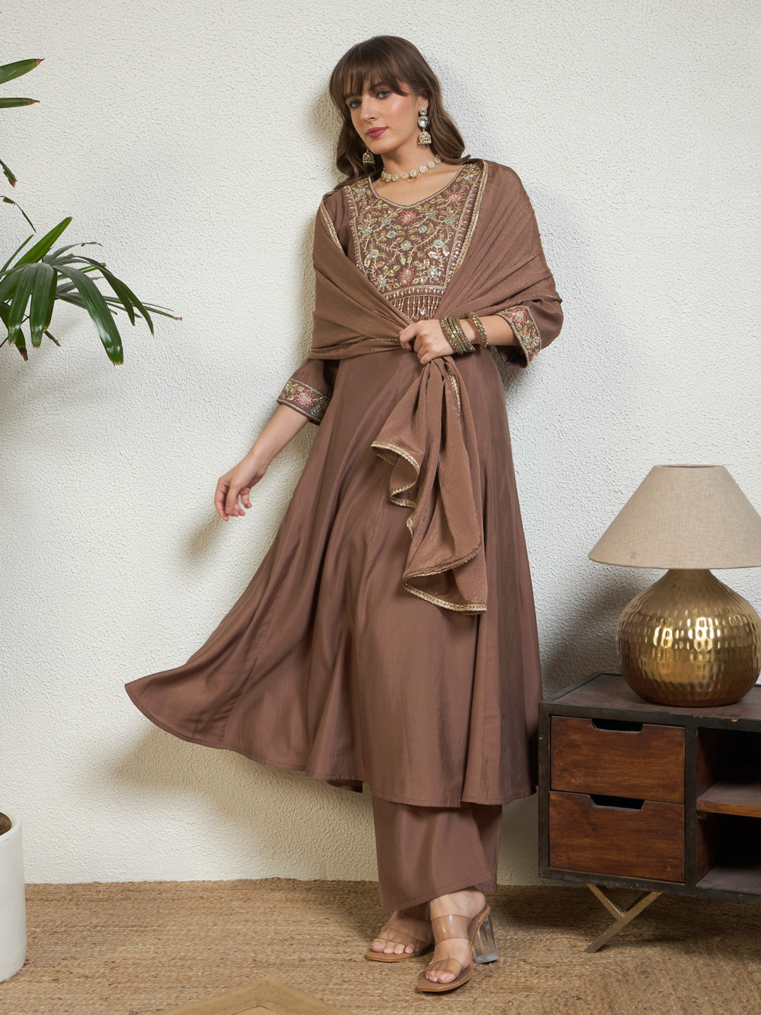 Women Brown Embellished Anarkali Kurta Set with Tassel Detailing, Pant & Dupatta