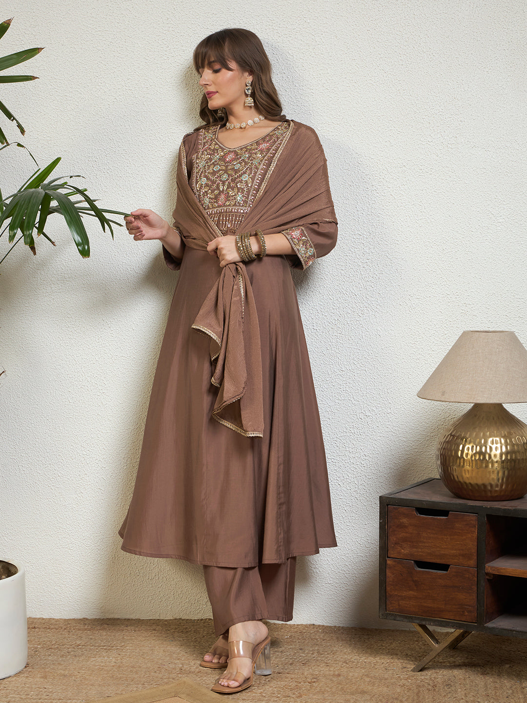 Women Brown Embellished Anarkali Kurta Set with Tassel Detailing, Pant & Dupatta