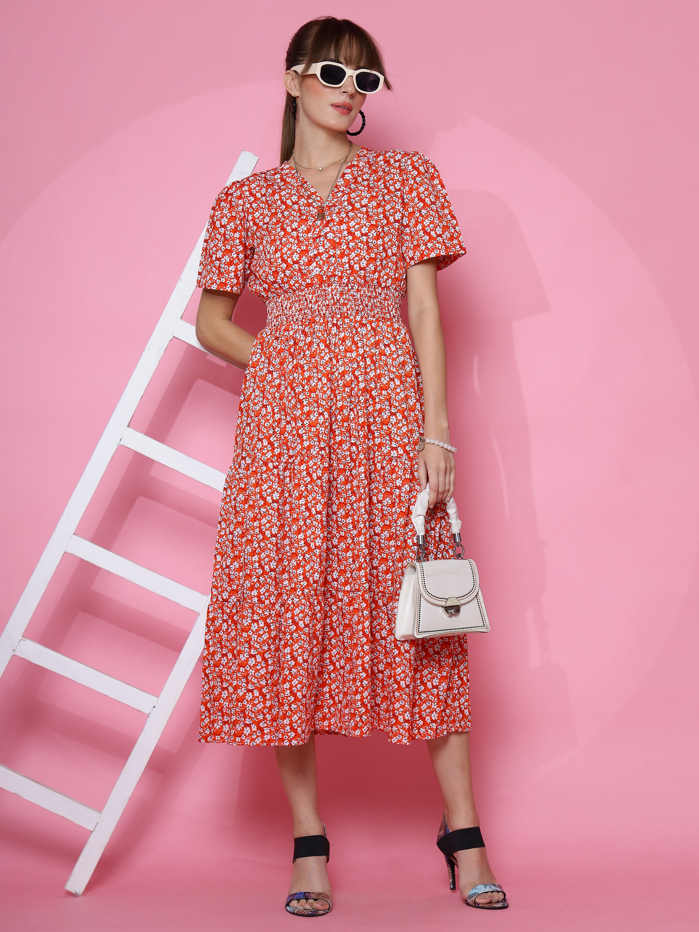 Printed Half Sleeve Fit and Flare Maxi Dress