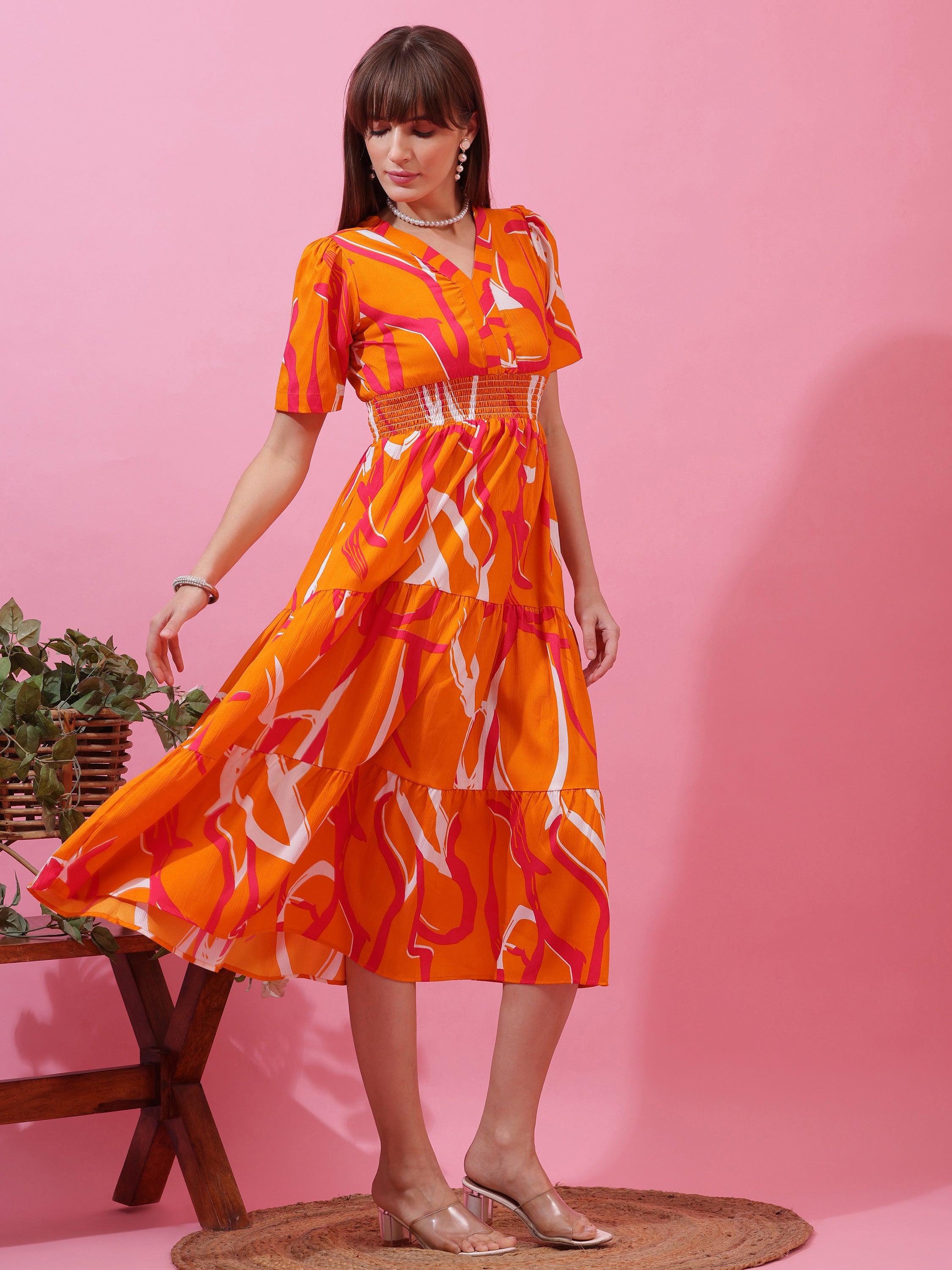 Women’s Orange Abstract Printed V-Neck Fit & Flare Midi Dress