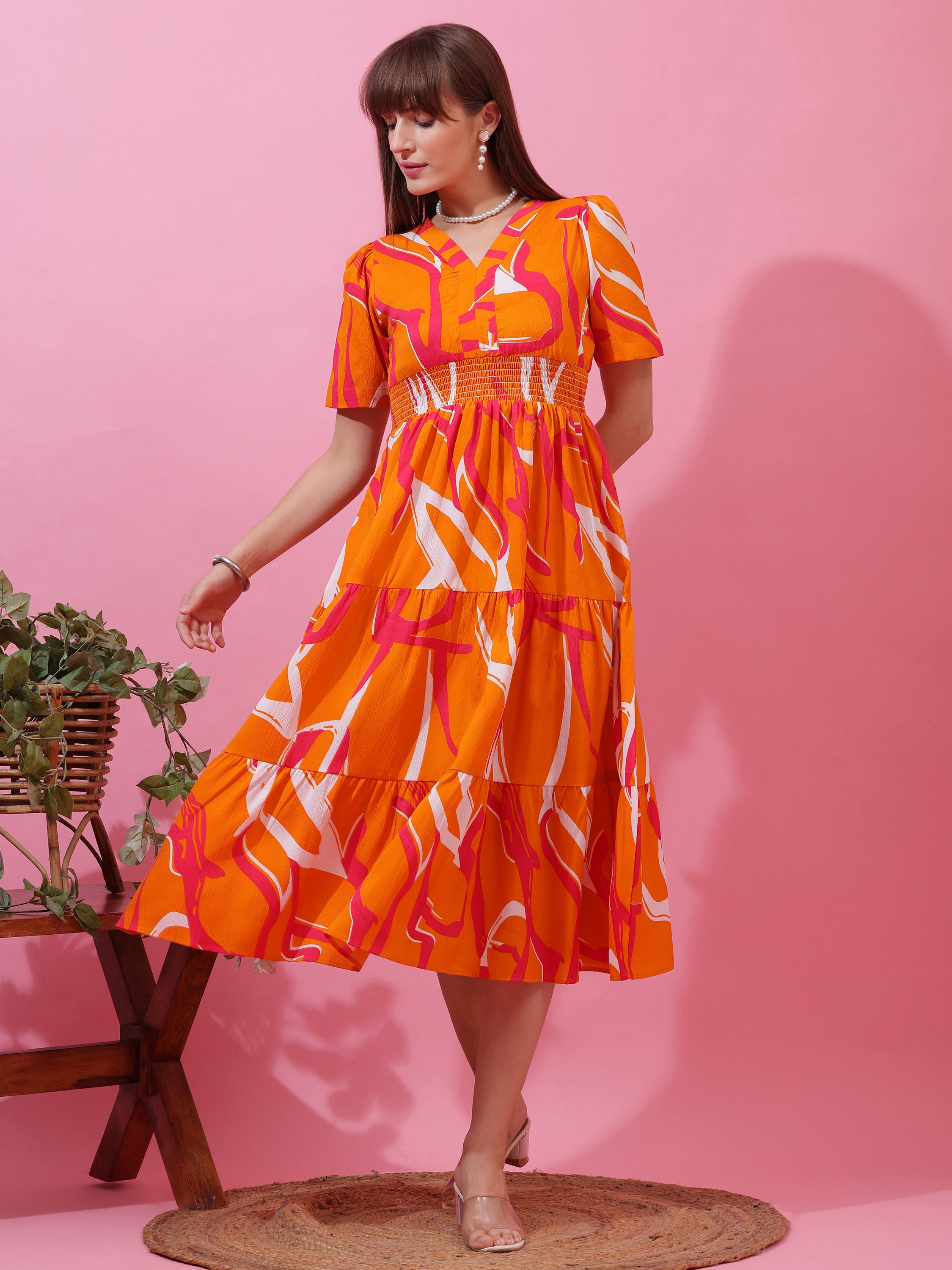 Women’s Orange Abstract Printed V-Neck Fit & Flare Midi Dress