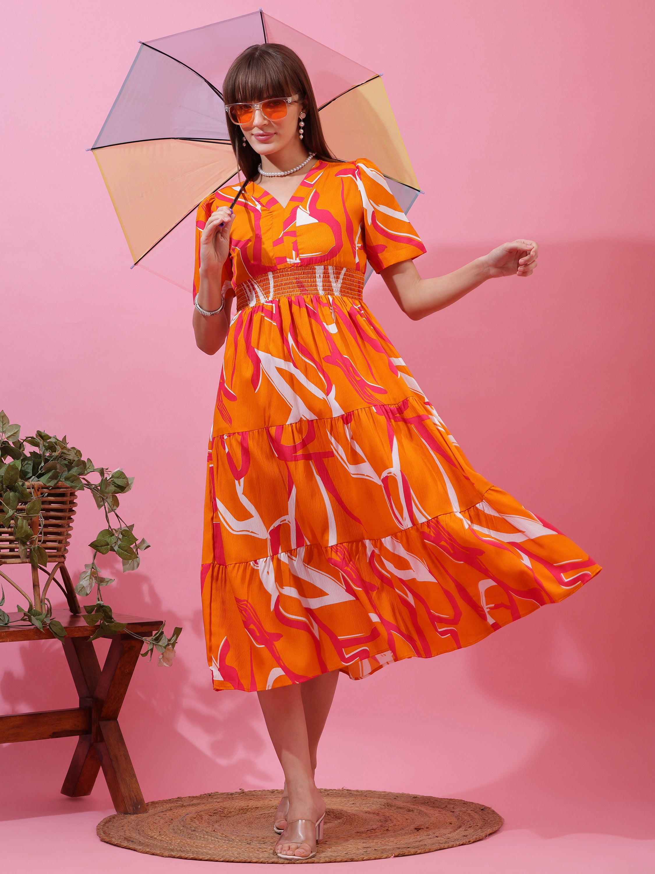 Women’s Orange Abstract Printed V-Neck Fit & Flare Midi Dress