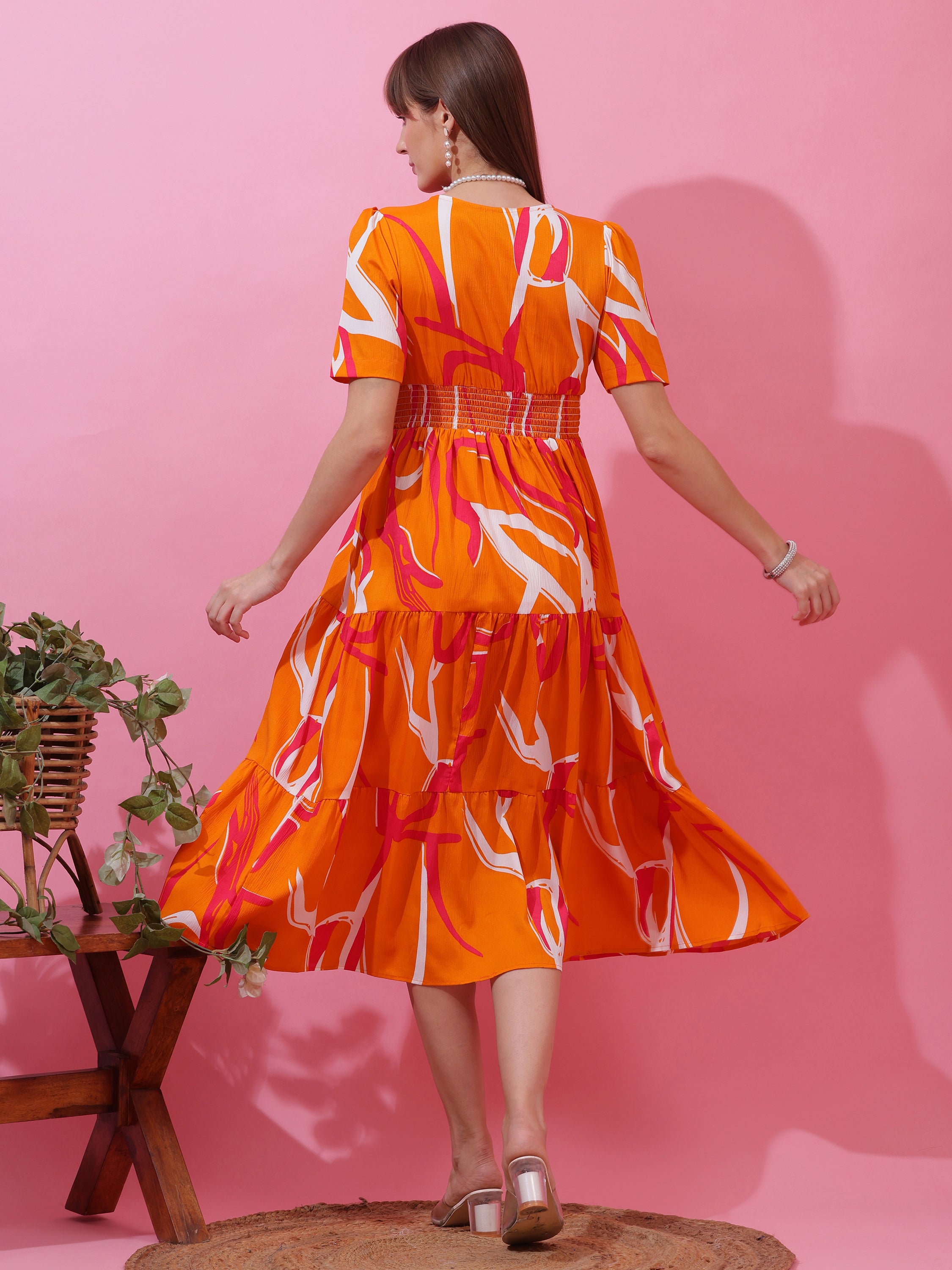 Women’s Orange Abstract Printed V-Neck Fit & Flare Midi Dress