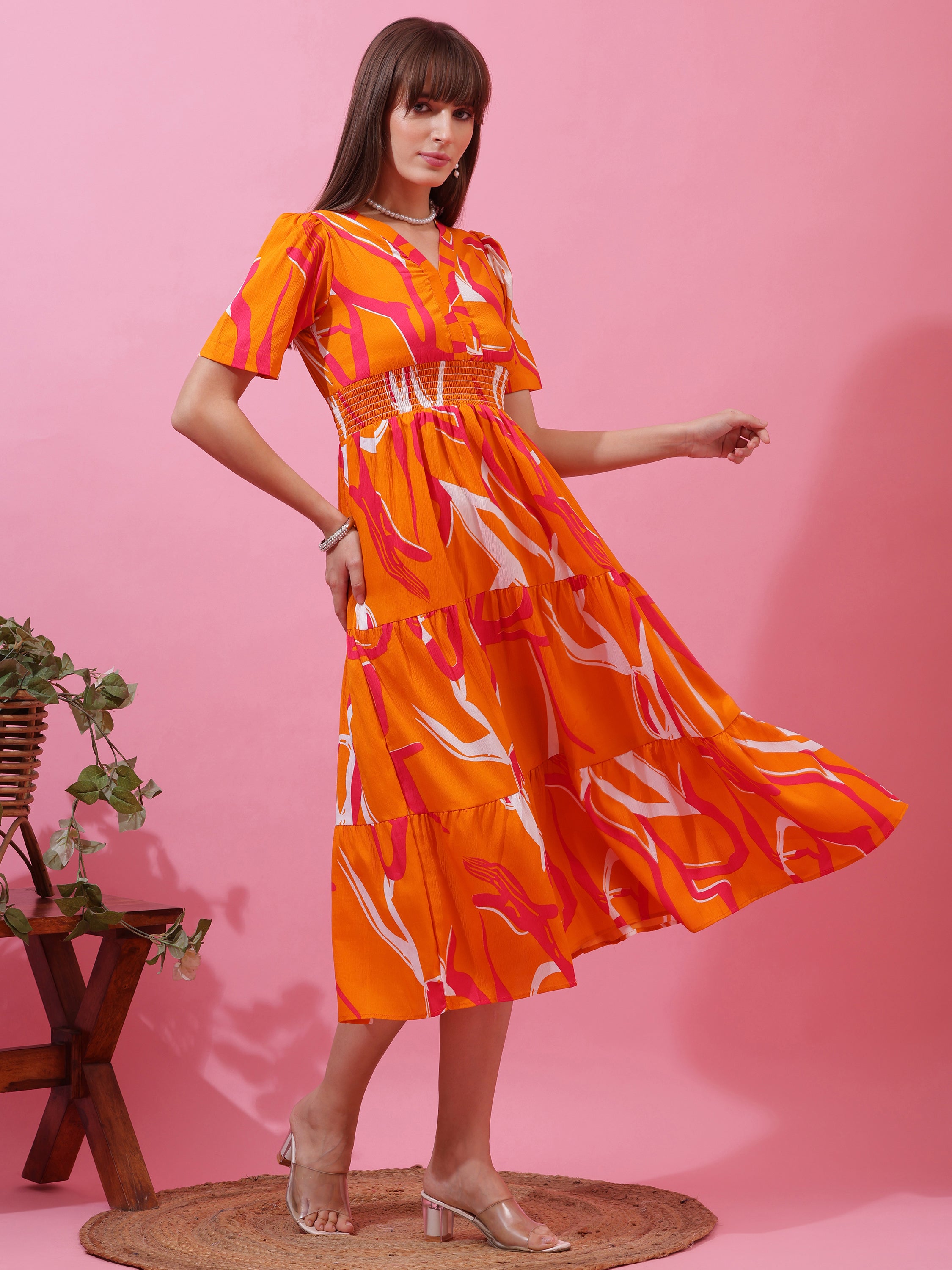 Women’s Orange Abstract Printed V-Neck Fit & Flare Midi Dress
