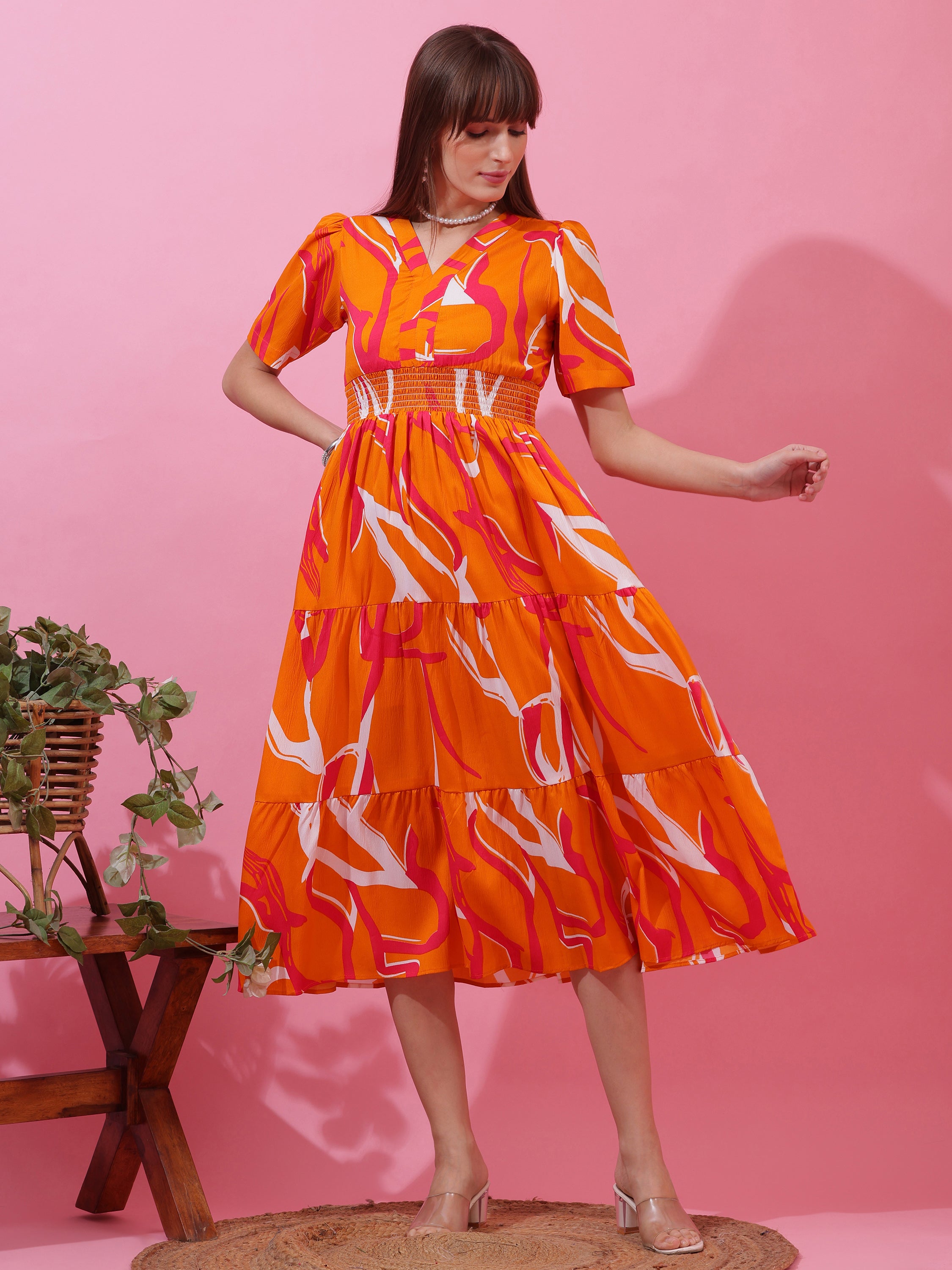 Women’s Orange Abstract Printed V-Neck Fit & Flare Midi Dress
