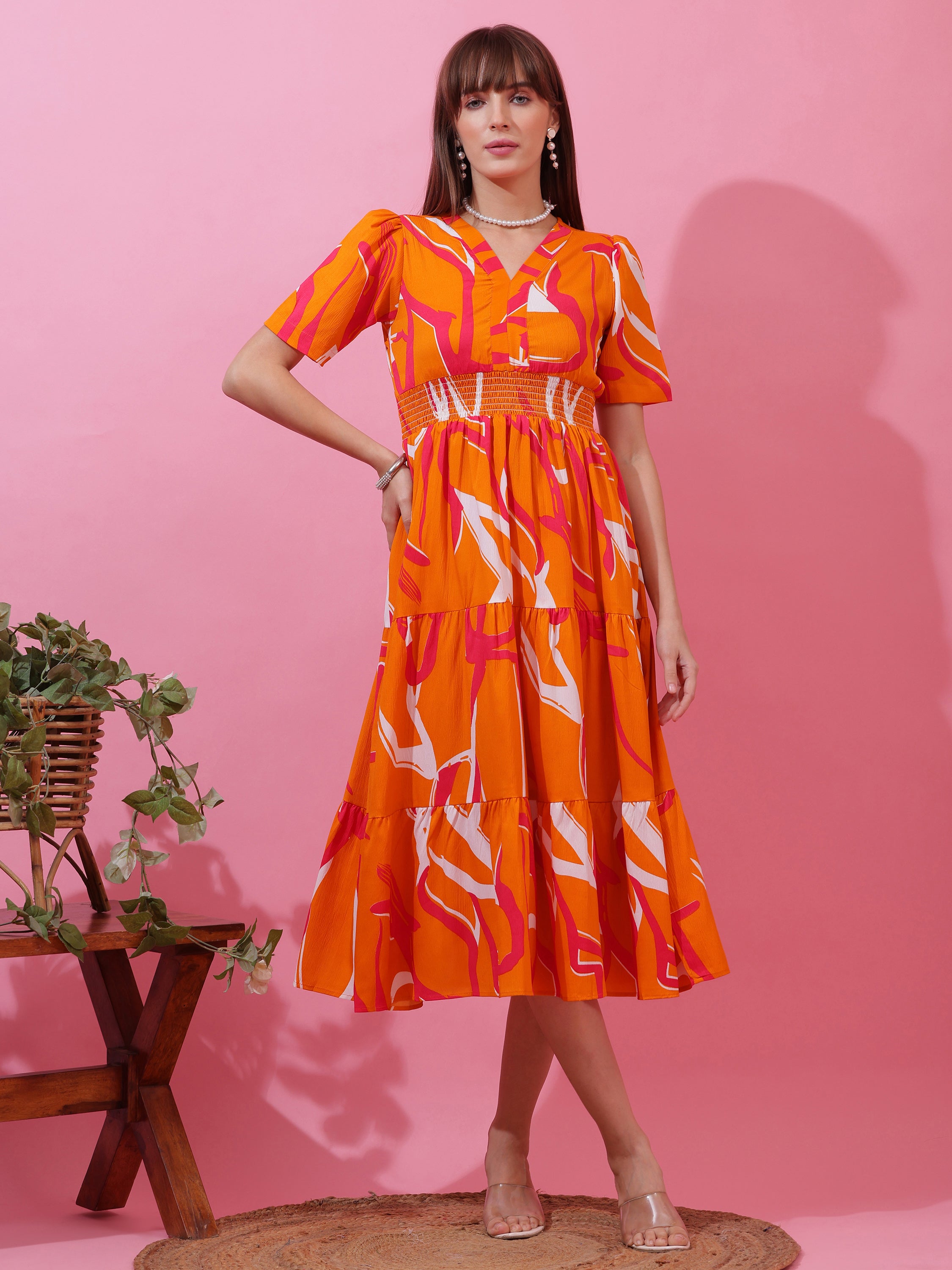 Women’s Orange Abstract Printed V-Neck Fit & Flare Midi Dress