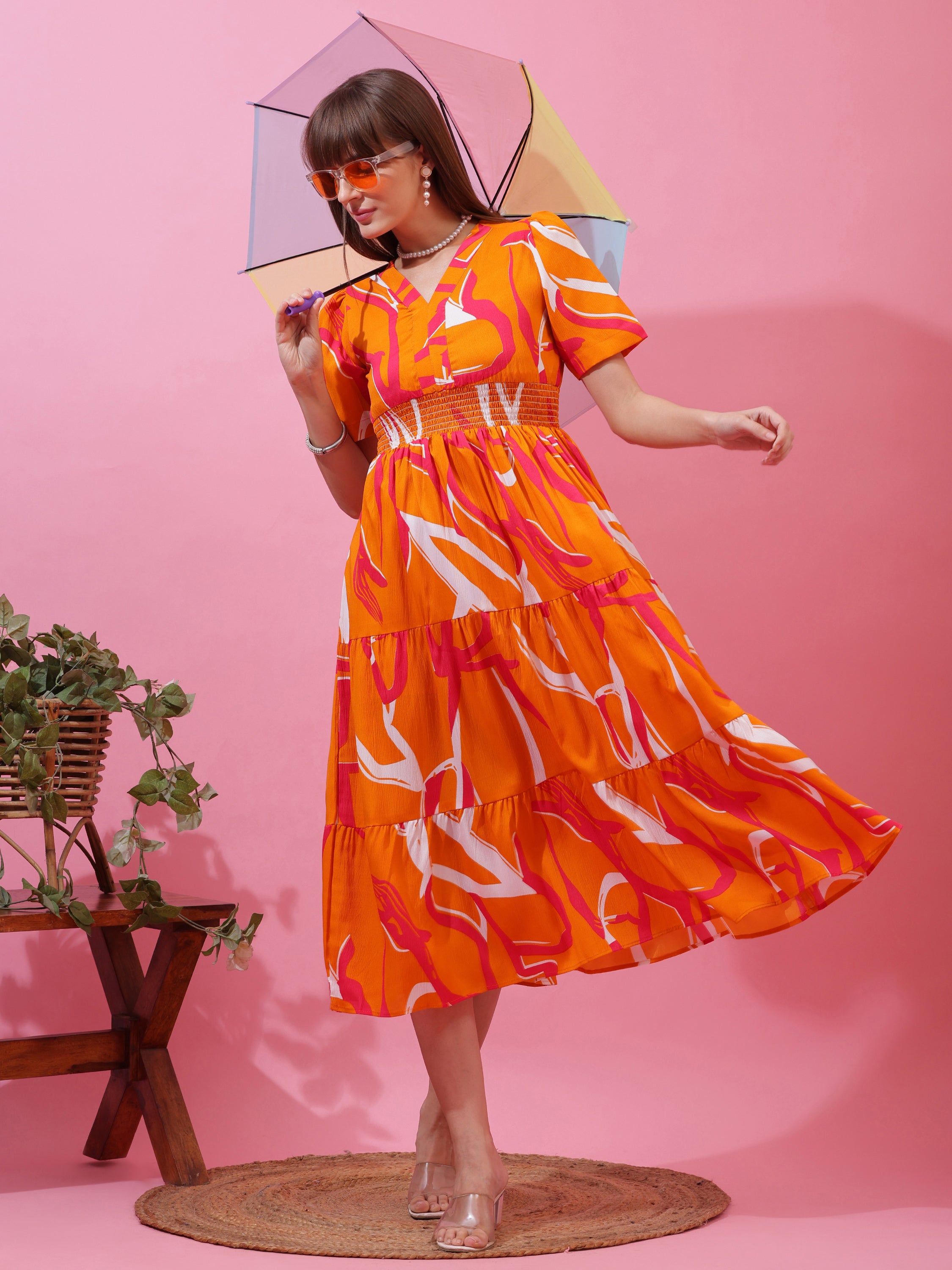 Women’s Orange Abstract Printed V-Neck Fit & Flare Midi Dress