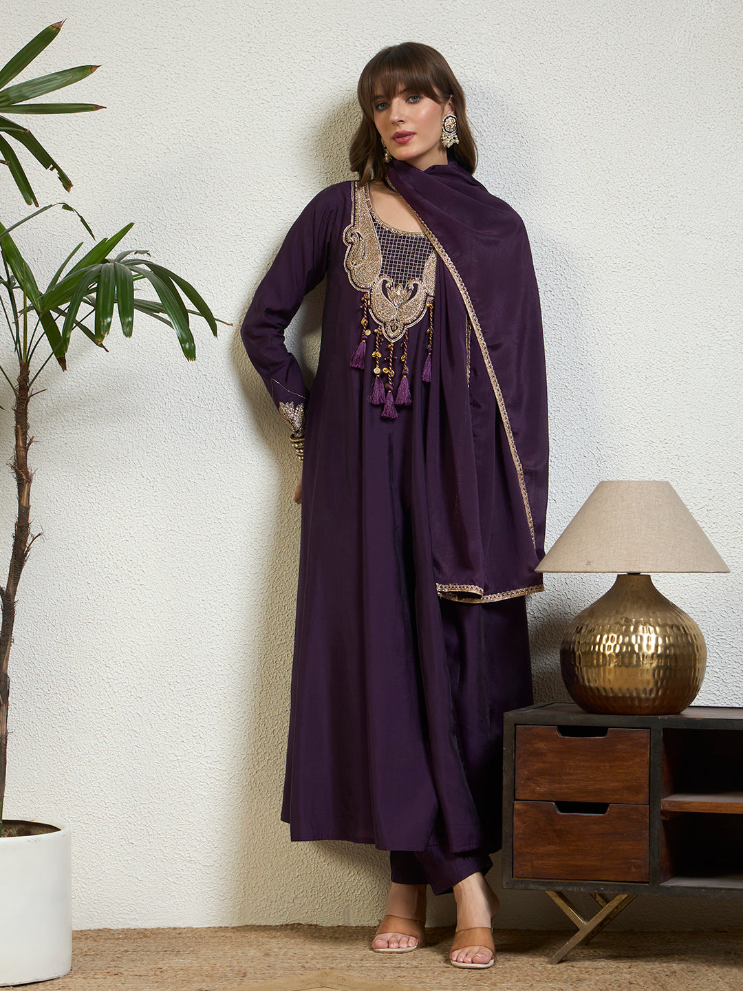 Women Deep Purple Embellished Anarkali Kurta Set with Tassel Detailing, Trousers & Dupatta