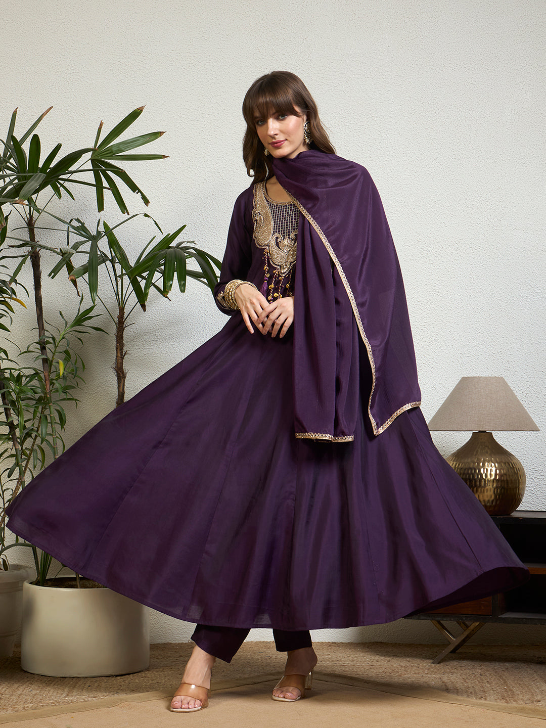 Women Deep Purple Embellished Anarkali Kurta Set with Tassel Detailing, Trousers & Dupatta