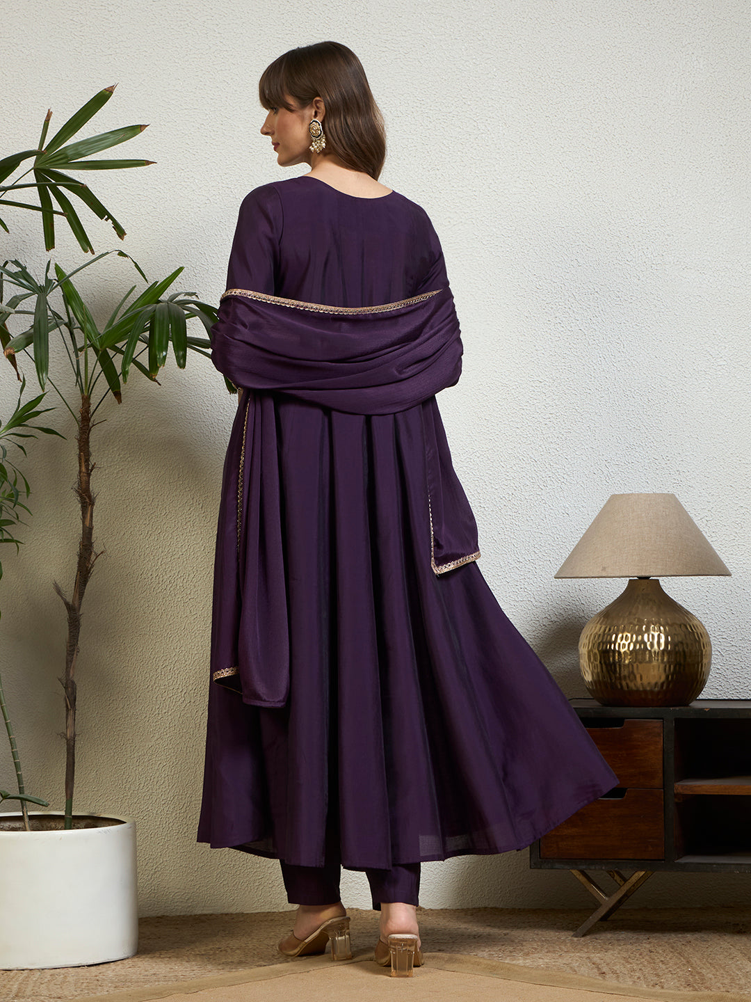 Women Deep Purple Embellished Anarkali Kurta Set with Tassel Detailing, Trousers & Dupatta