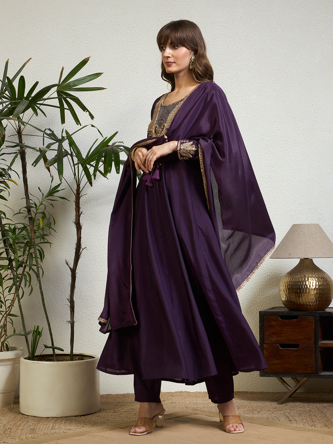 Women Deep Purple Embellished Anarkali Kurta Set with Tassel Detailing, Trousers & Dupatta
