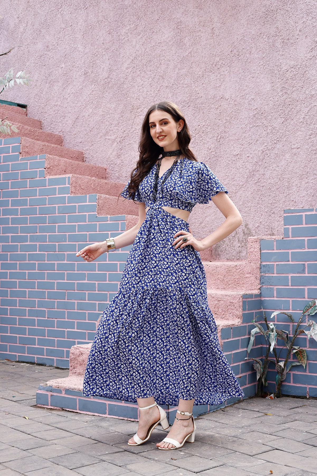 Blue Floral Waist Cut-Out Maxi Dress Blue Floral Waist Cut-Out Maxi Dress