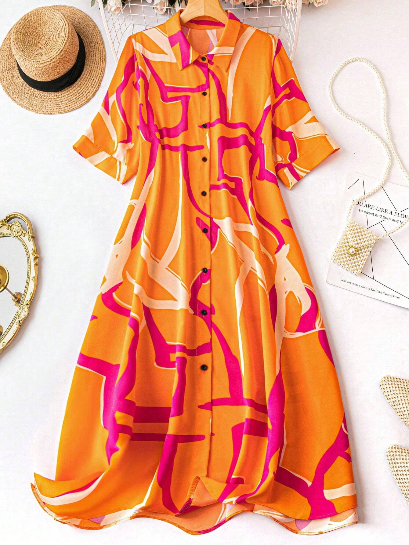 (4p. pack) Orange Stripe V-Neck Printed Midi Dress - T-80 main image 1