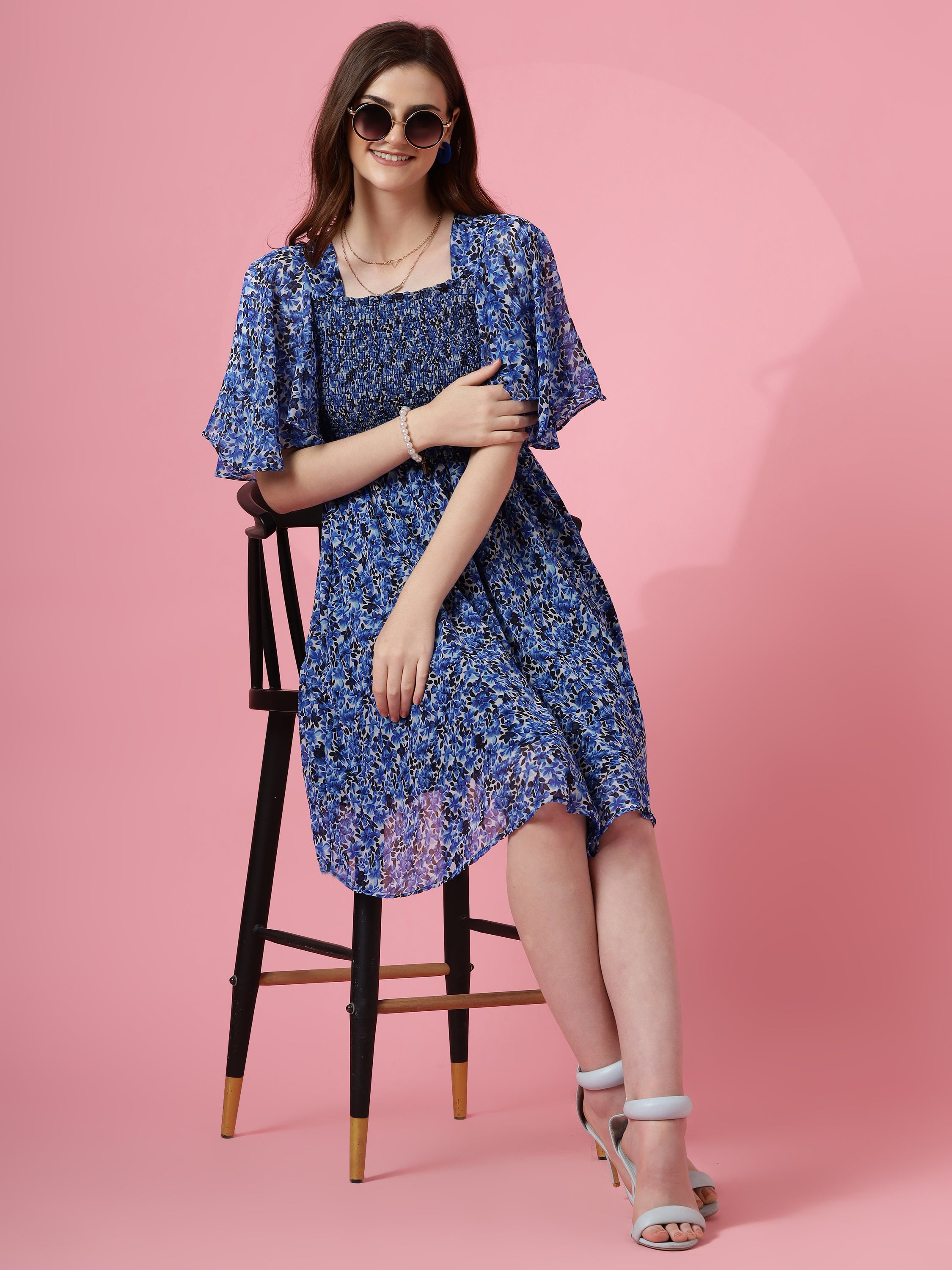 Blue Smocked Fit & Flare Dress with Flutter Sleeves