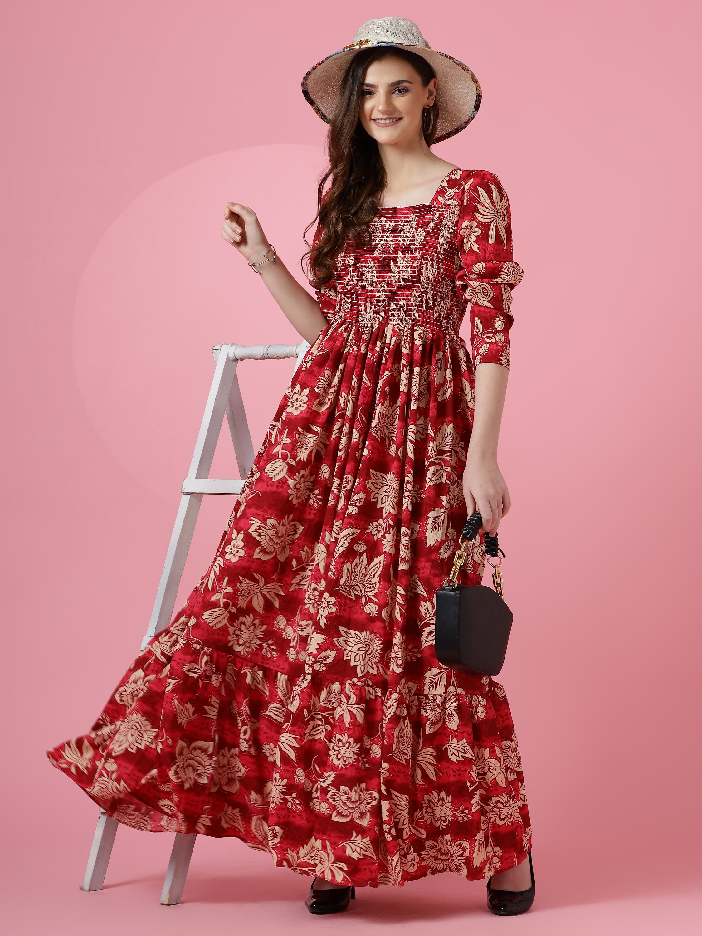 Women Red Floral Printed Smocked Fit & Flare Maxi Dress