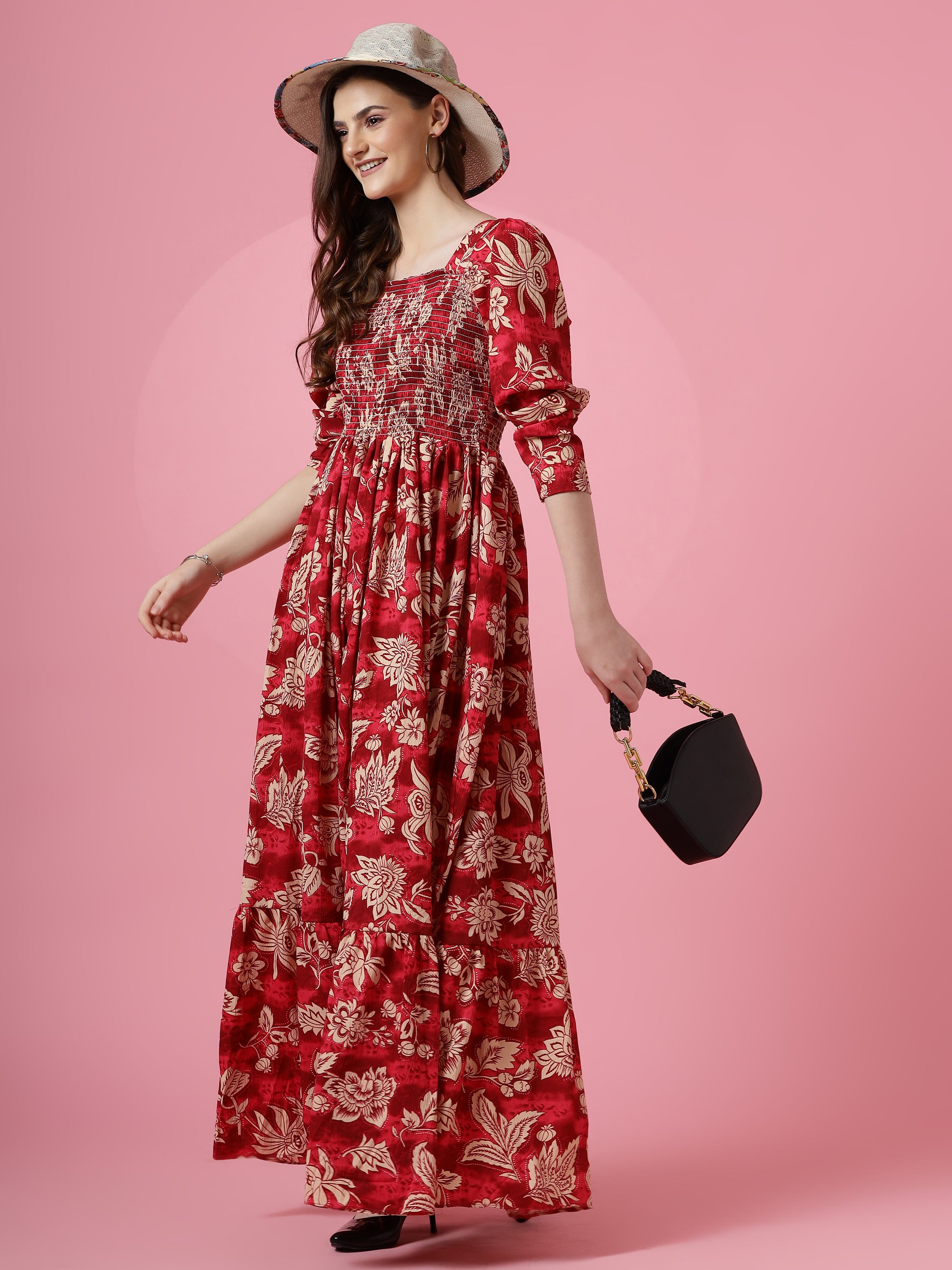 Women Red Floral Printed Smocked Fit & Flare Maxi Dress