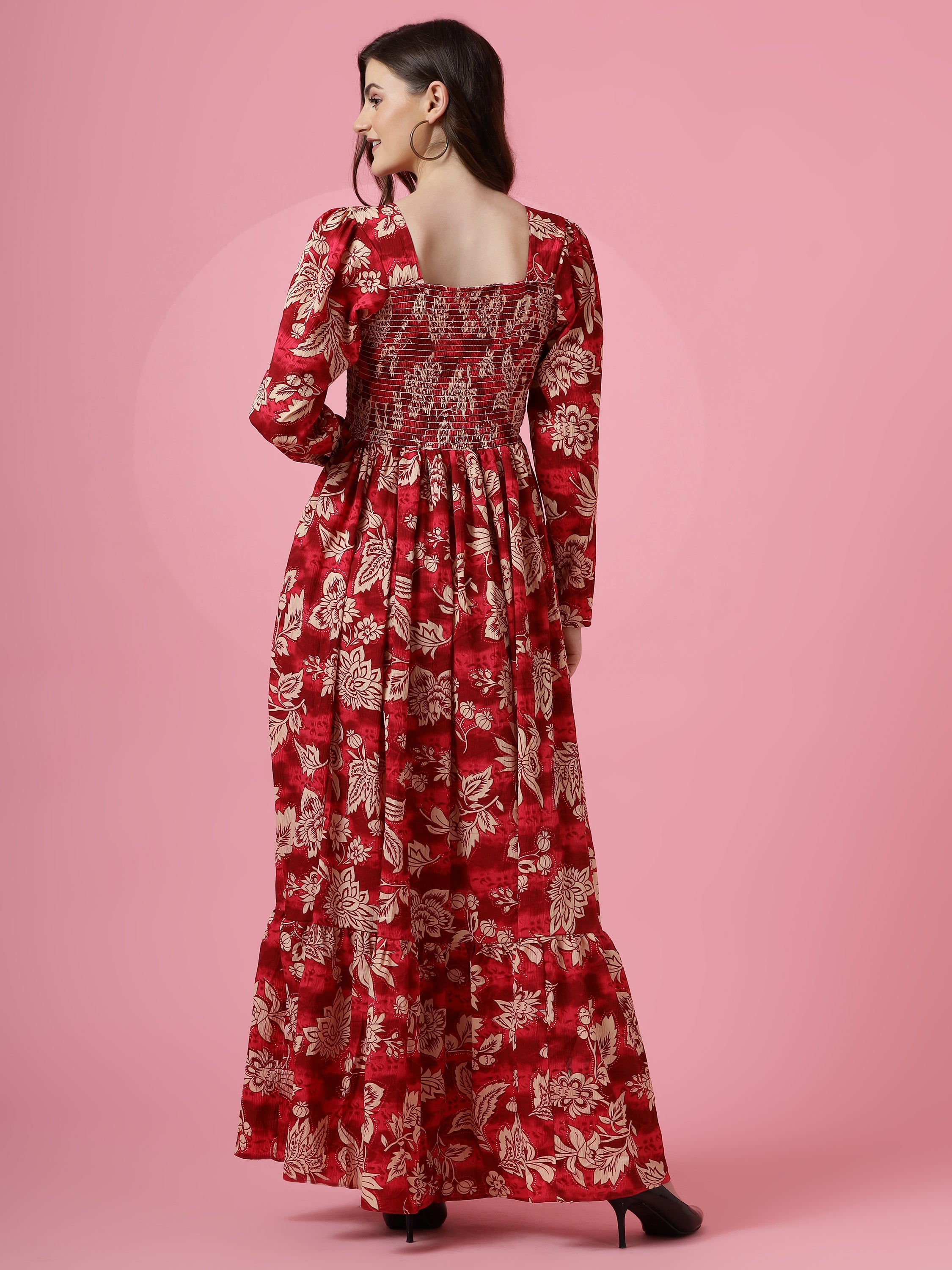 Women Red Floral Printed Smocked Fit & Flare Maxi Dress