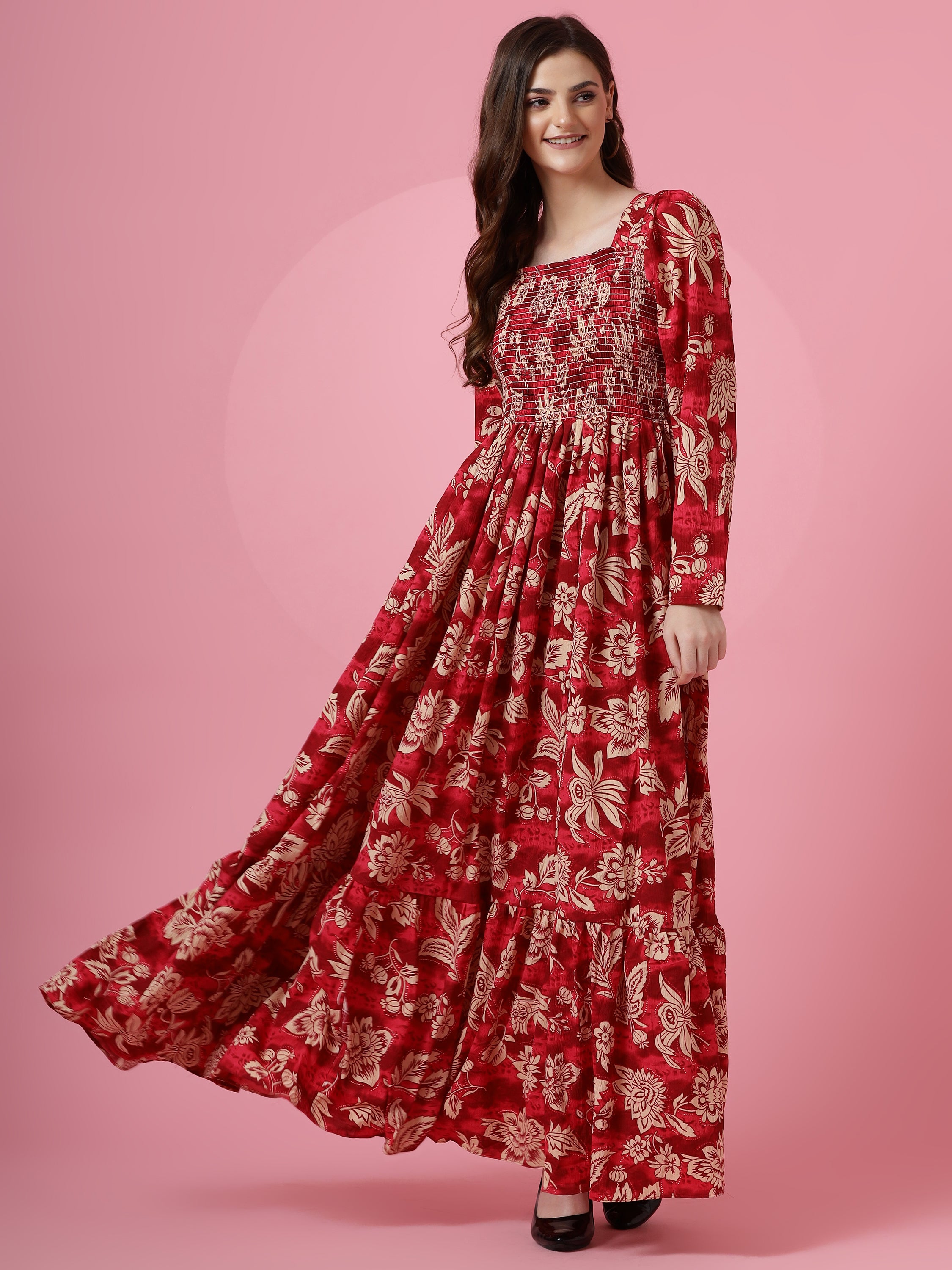 Women Red Floral Printed Smocked Fit & Flare Maxi Dress
