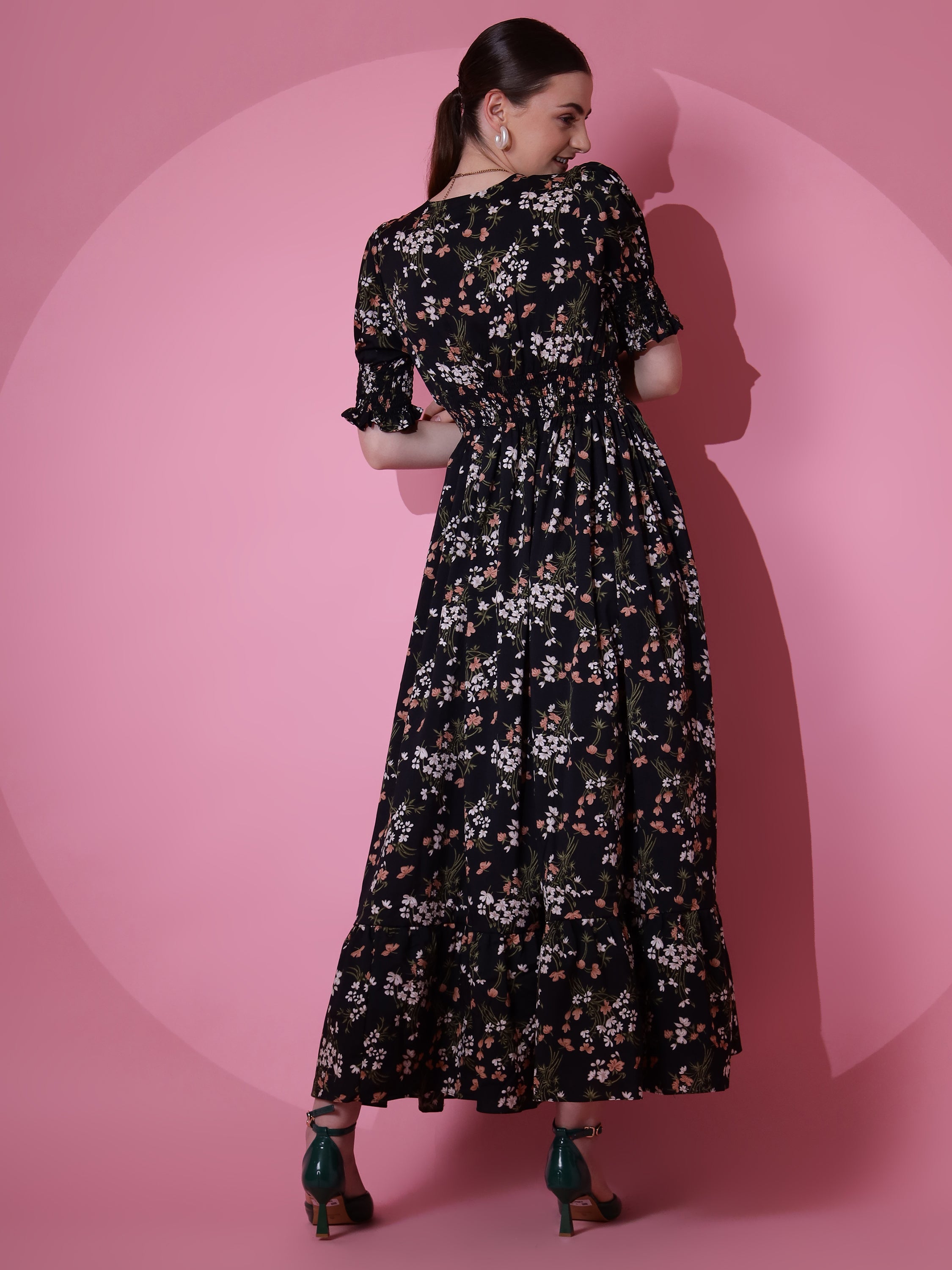 Women Black Floral Printed V-Neck Smocked Midi Dress
