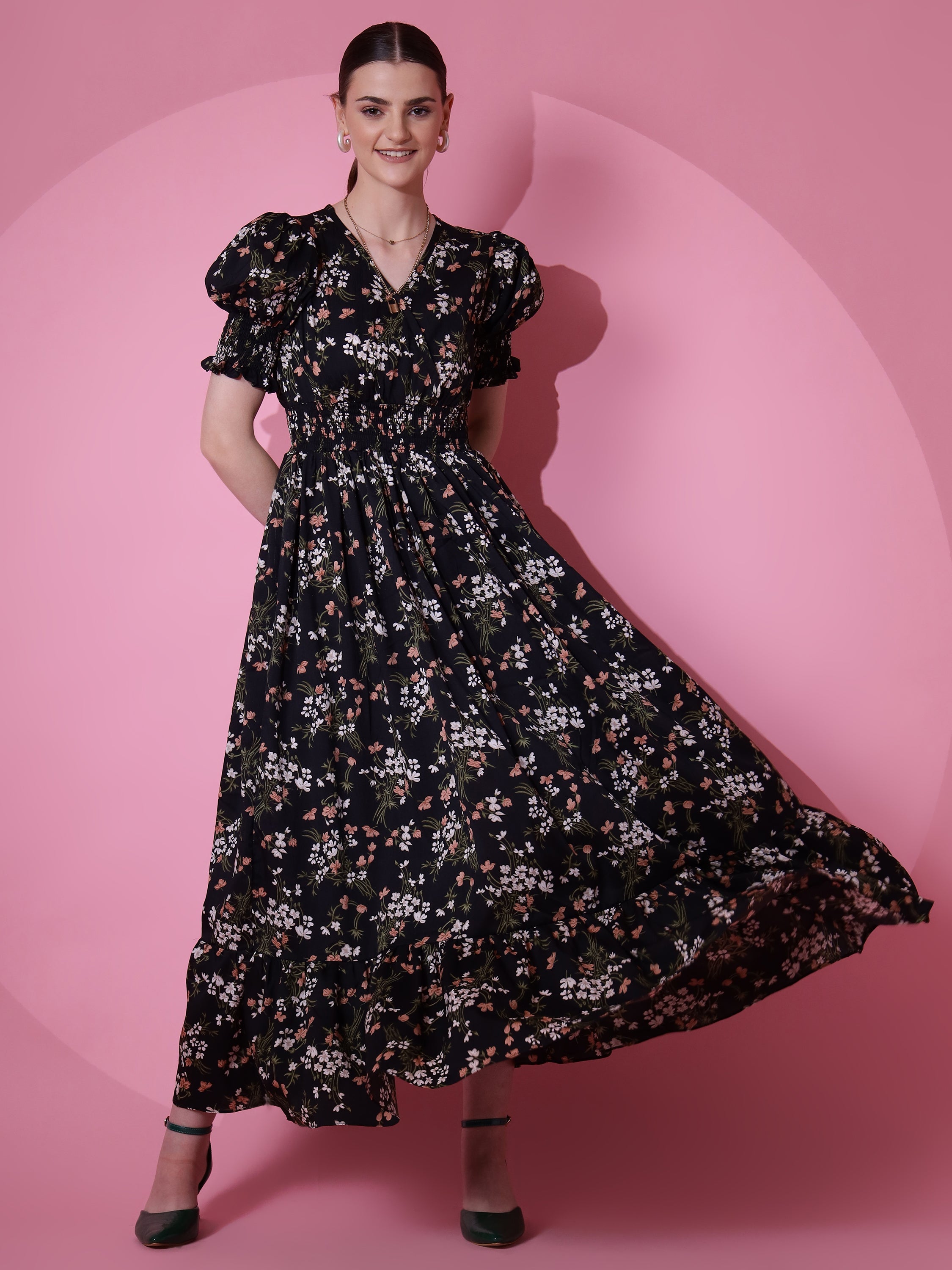Women Black Floral Printed V-Neck Smocked Midi Dress