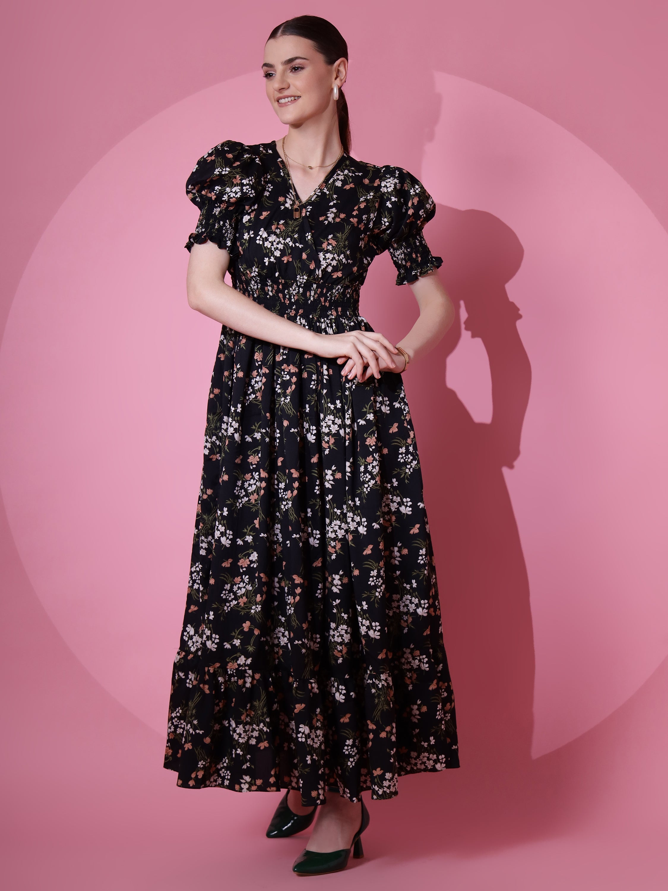 Women Black Floral Printed V-Neck Smocked Midi Dress