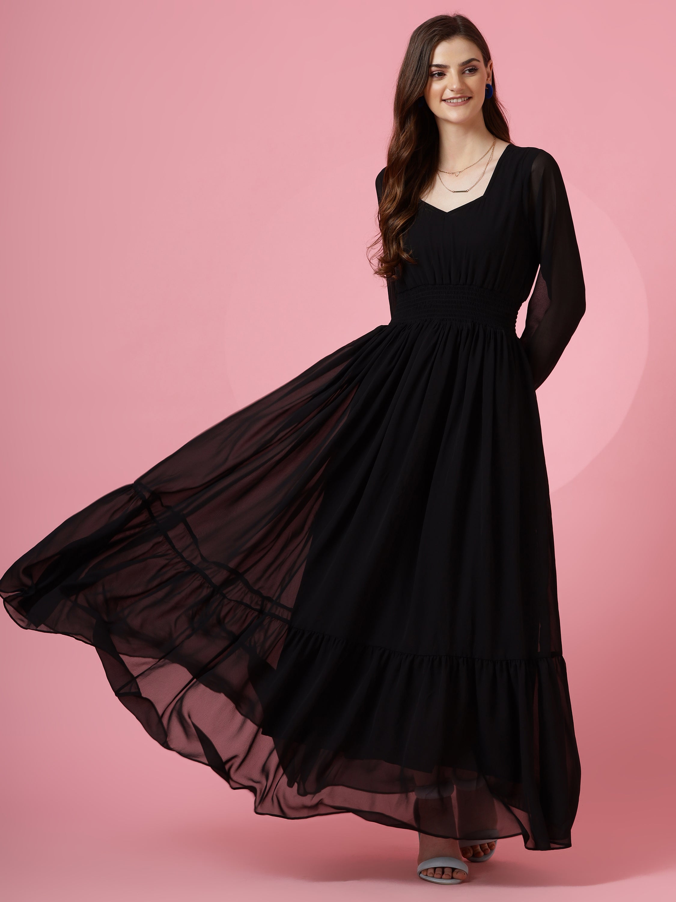 Women Black Georgette Sweetheart-Neck Maxi Dress