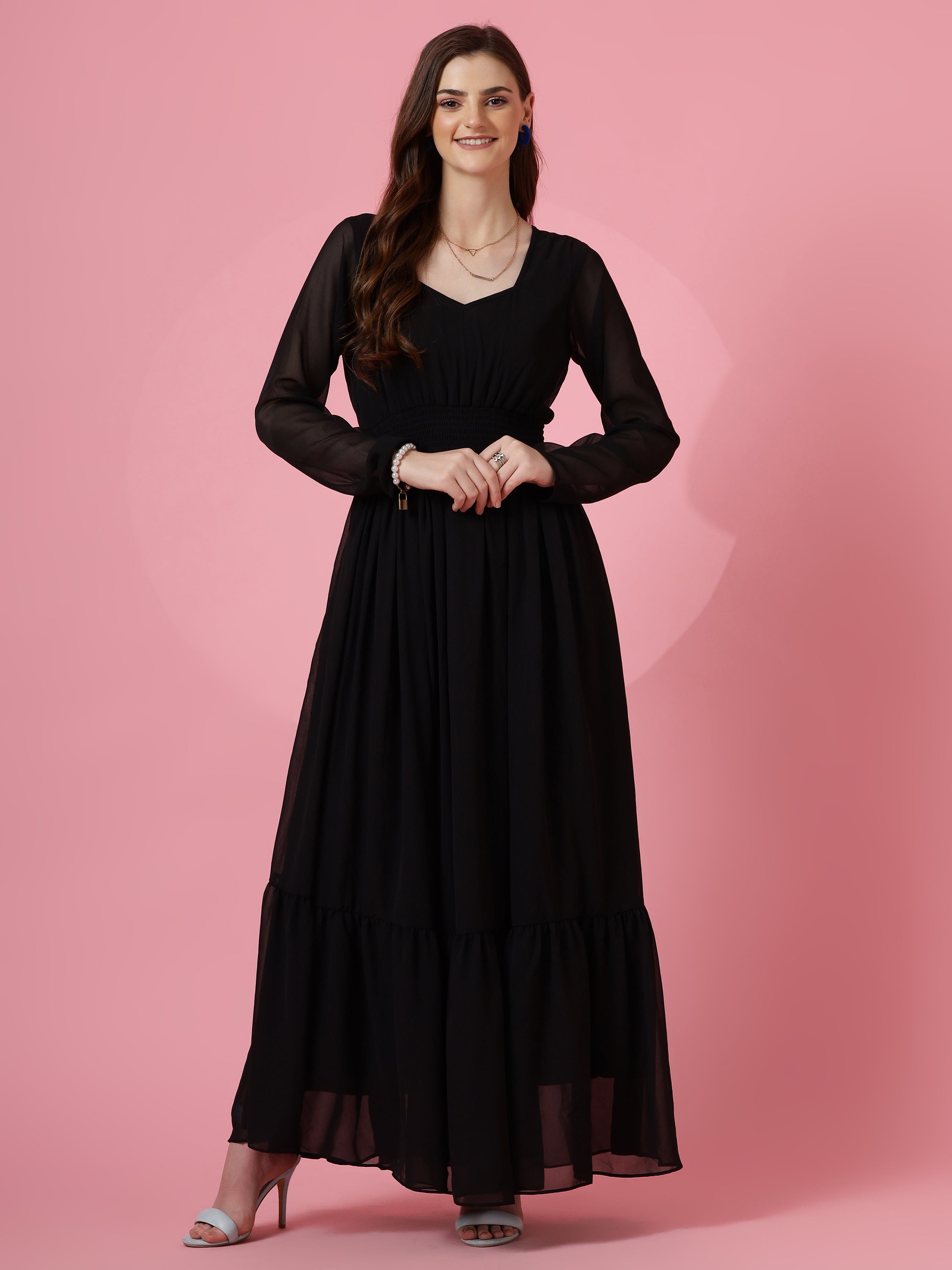 Women Black Georgette Sweetheart-Neck Maxi Dress
