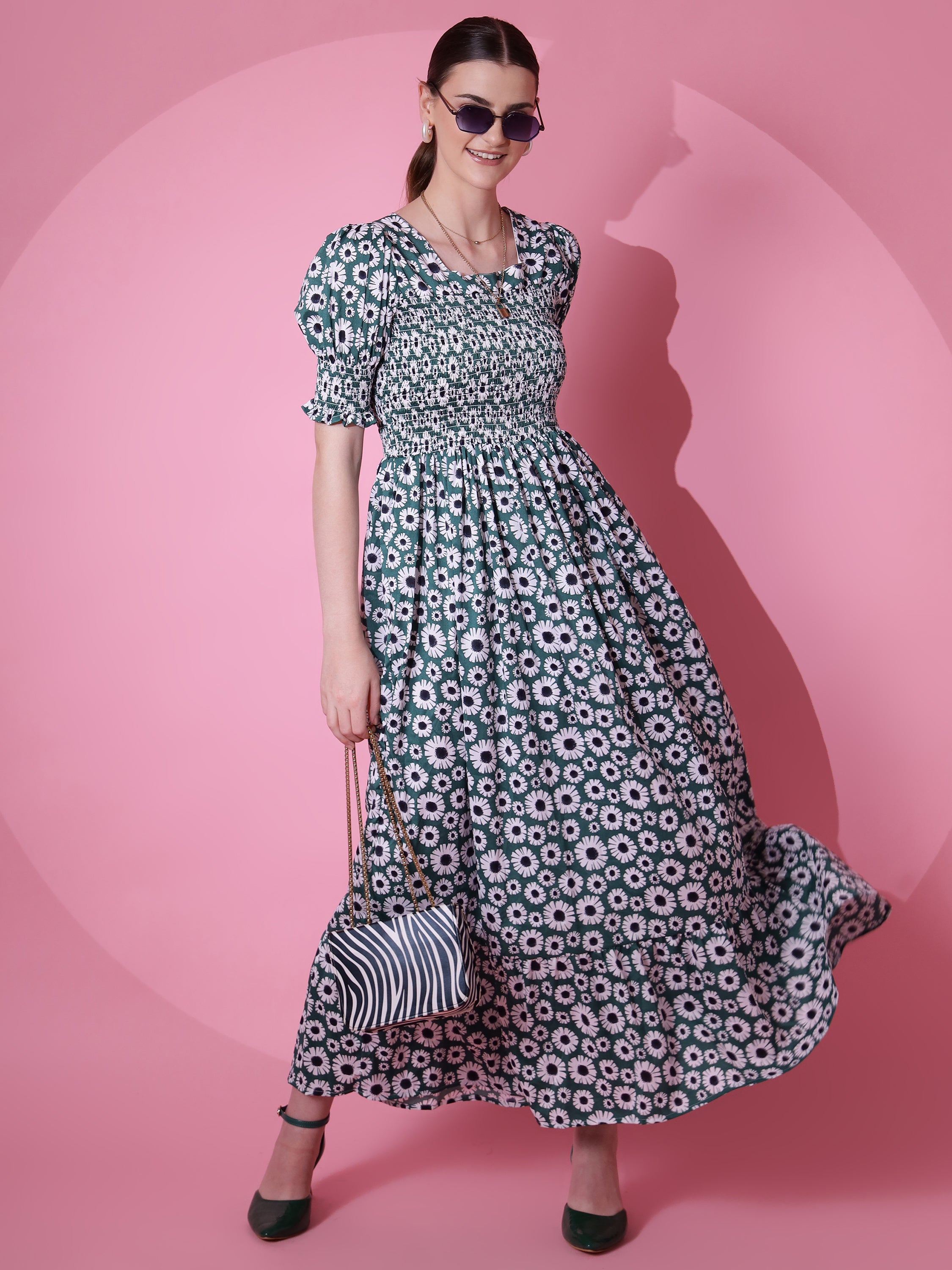 Women Green Printed Smocked Fit & Flare Maxi Dress
