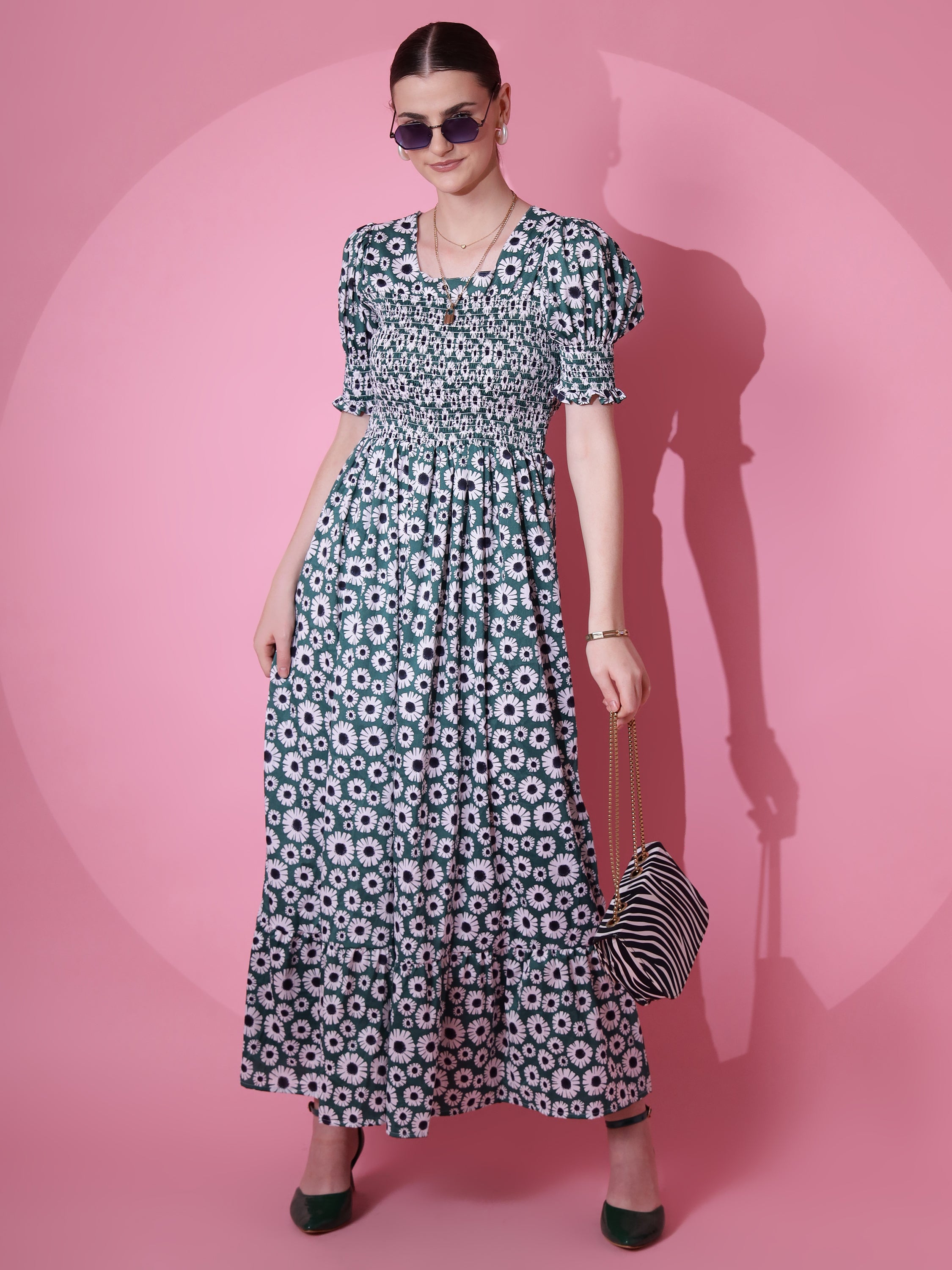 Women Green Printed Smocked Fit & Flare Maxi Dress