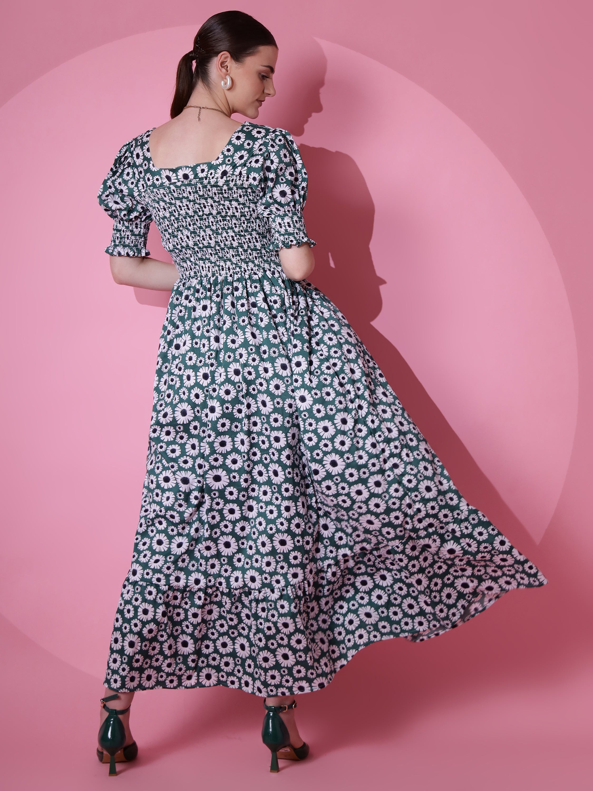 Women Green Printed Smocked Fit & Flare Maxi Dress