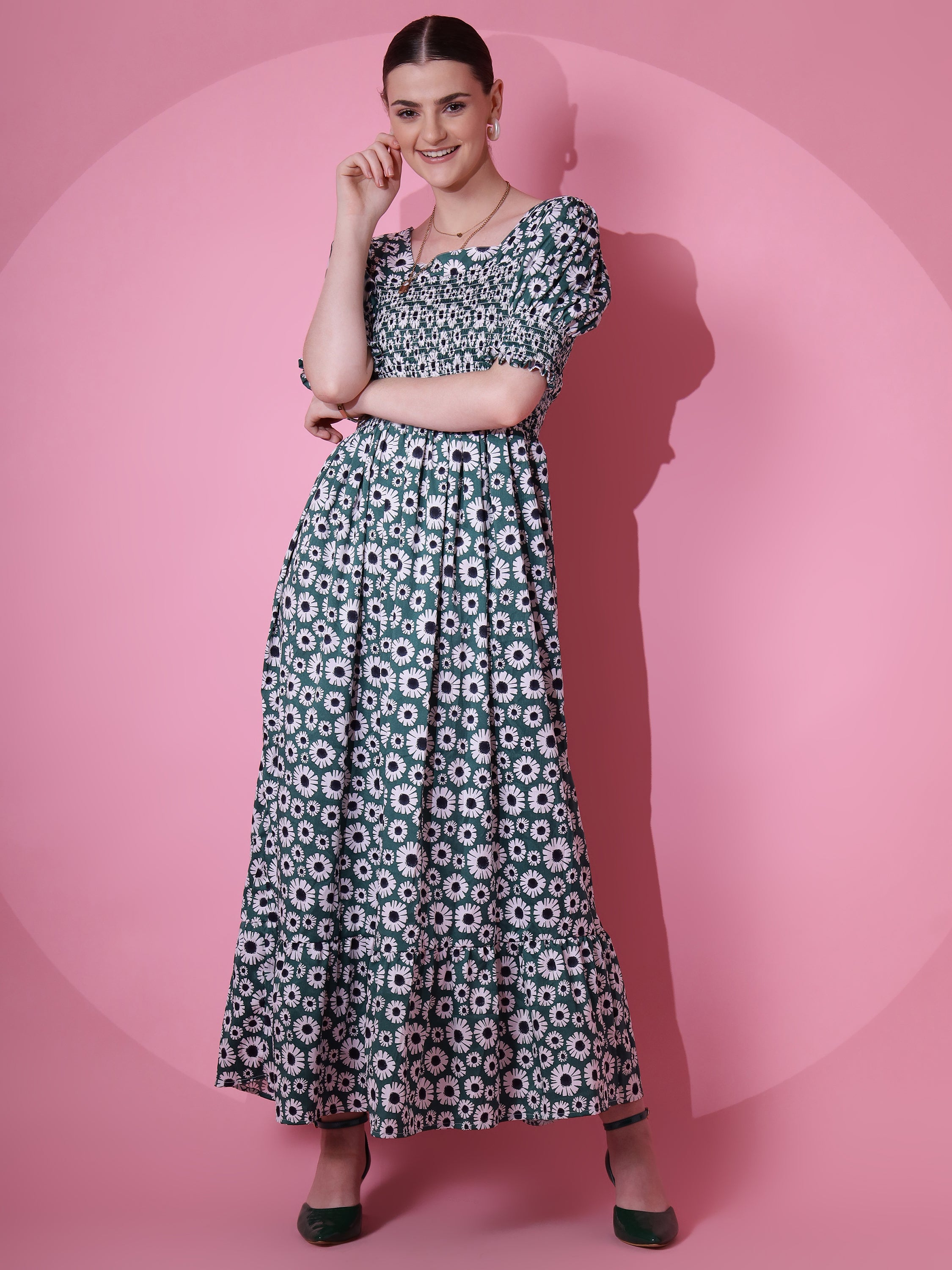 Women Green Printed Smocked Fit & Flare Maxi Dress