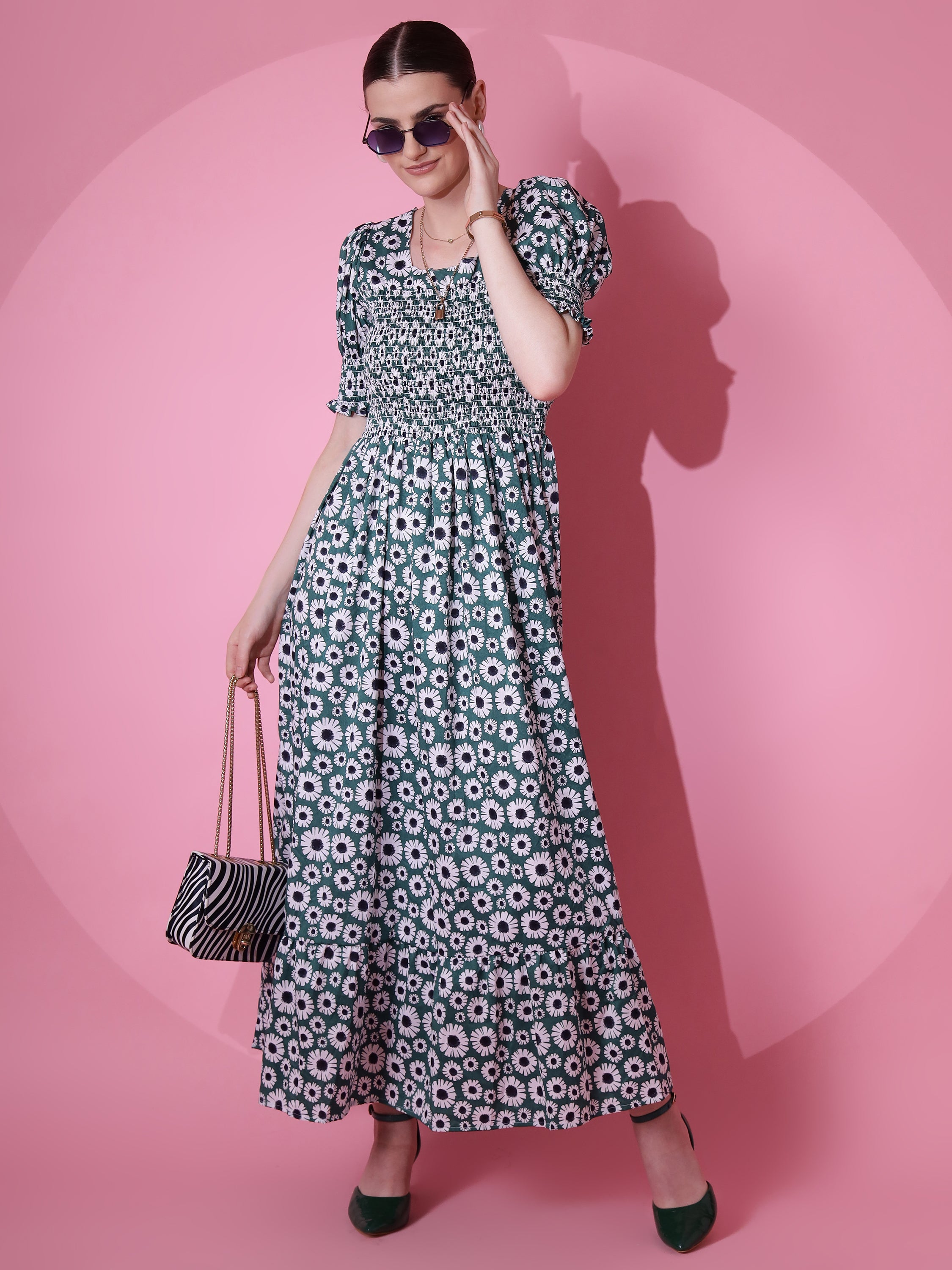 Women Green Printed Smocked Fit & Flare Maxi Dress