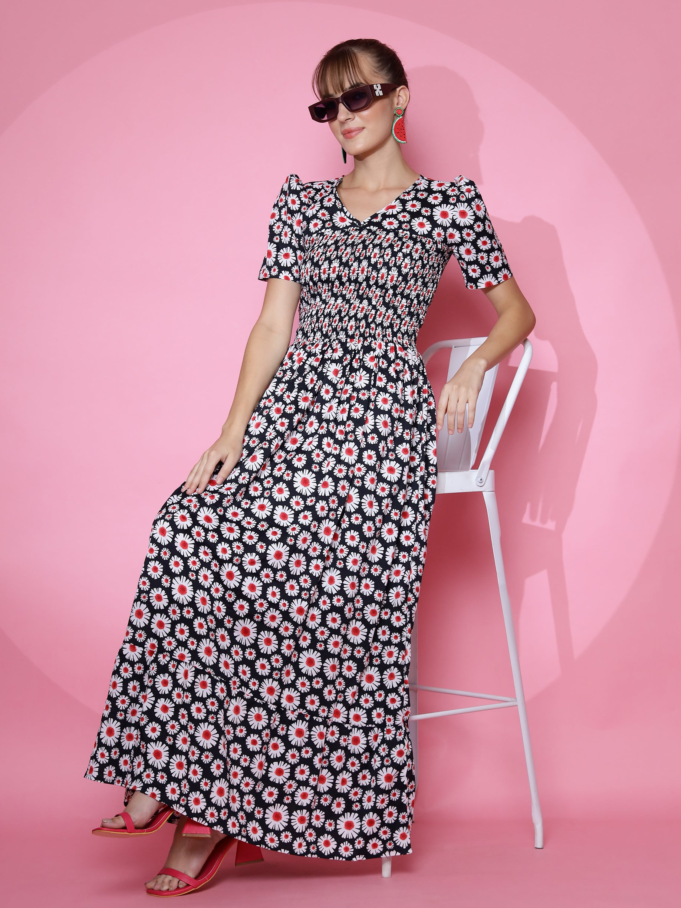 Women Floral Printed Fit and Flare Black Dress