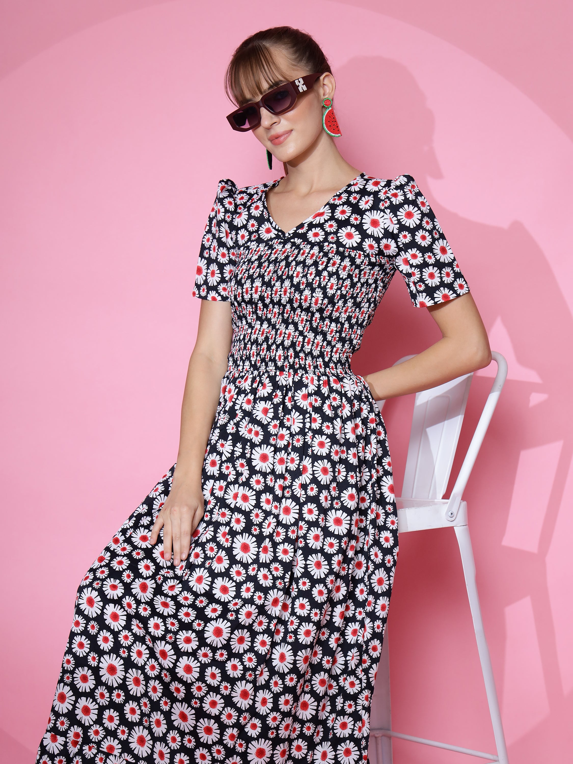 Women Floral Printed Fit and Flare Black Dress