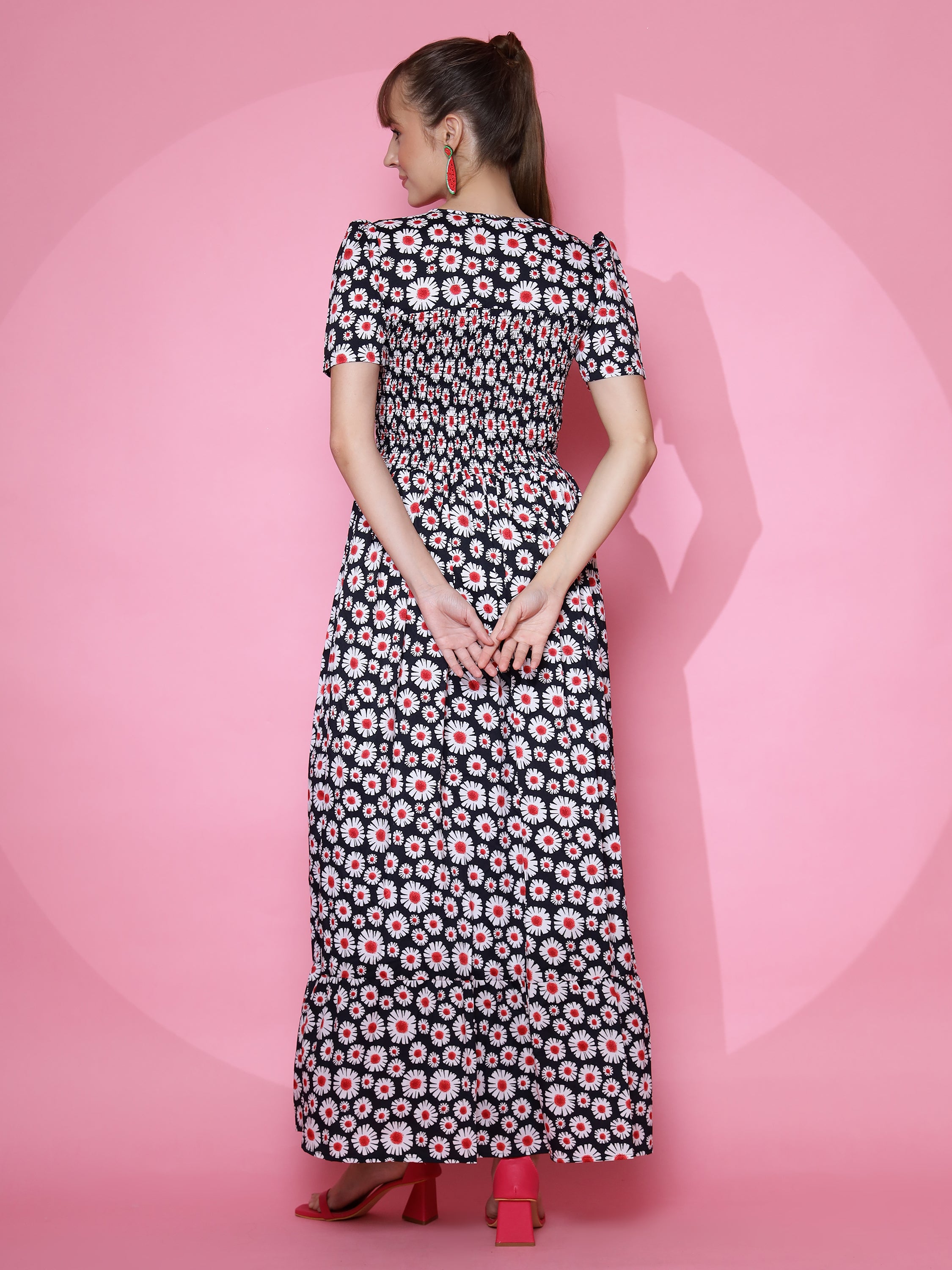 Women Floral Printed Fit and Flare Black Dress