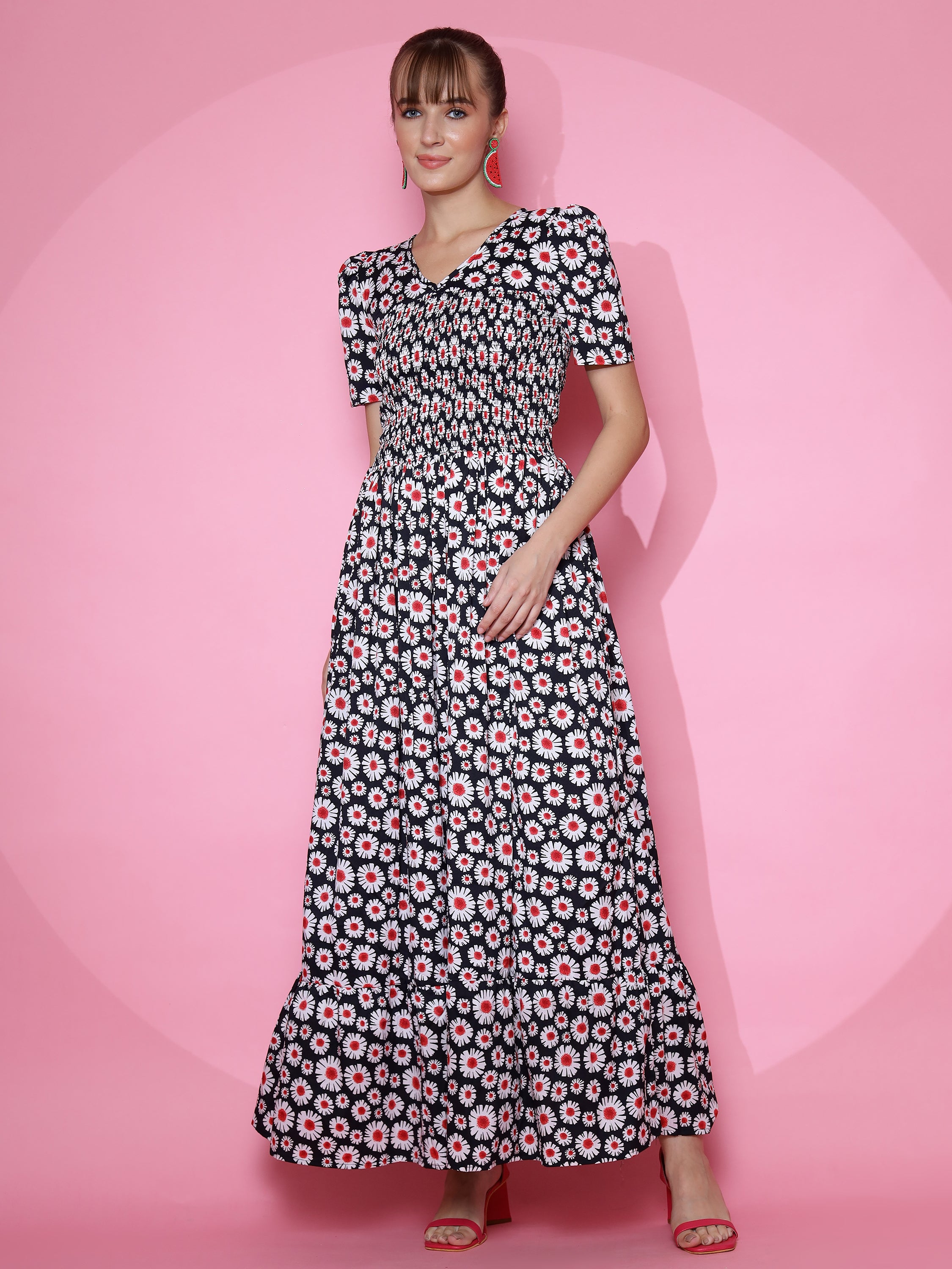 Women Floral Printed Fit and Flare Black Dress