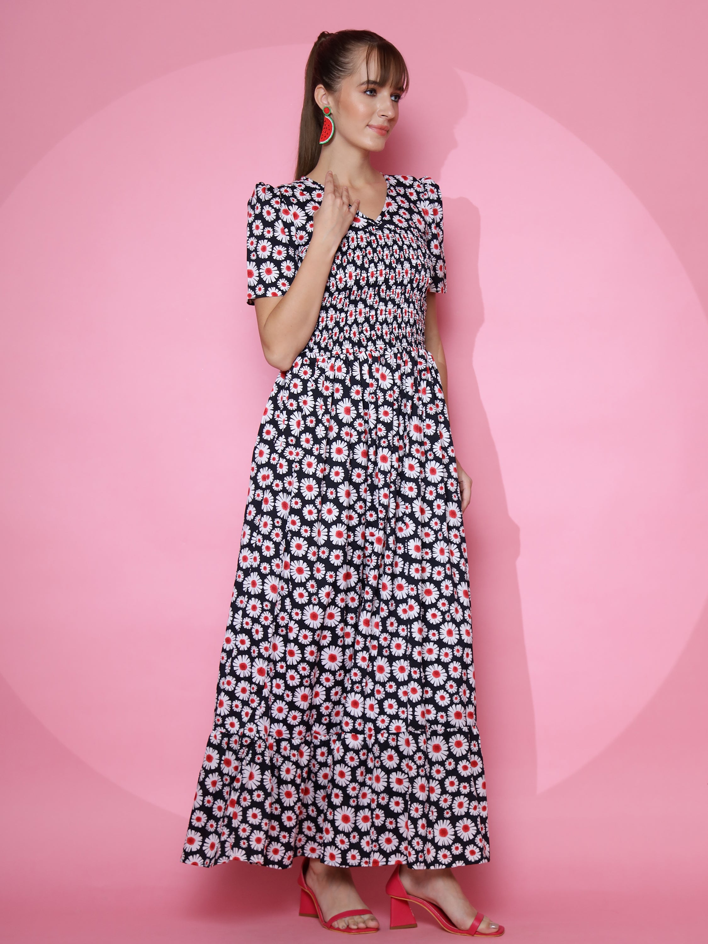 Women Floral Printed Fit and Flare Black Dress