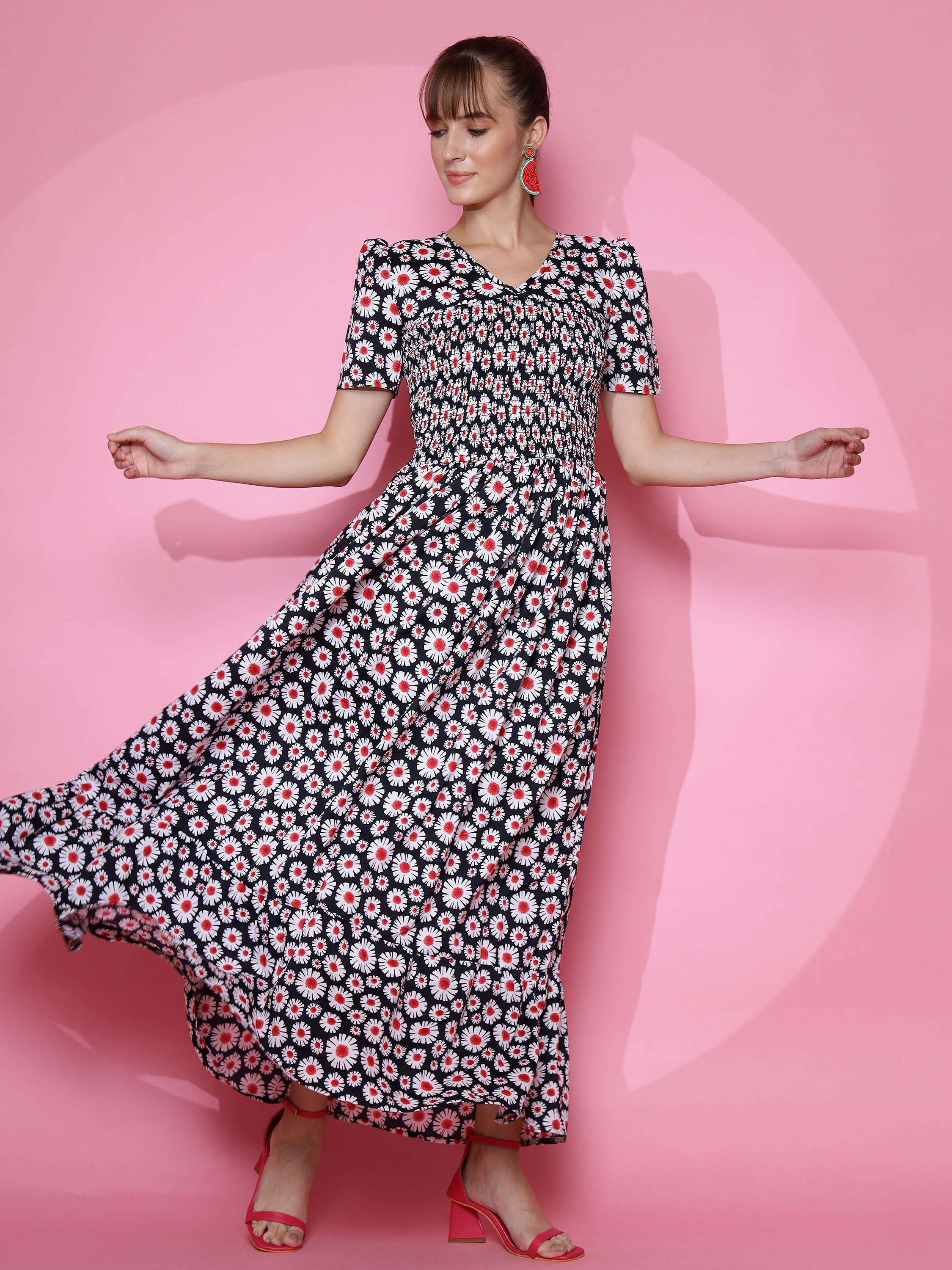Women Floral Printed Fit and Flare Black Dress