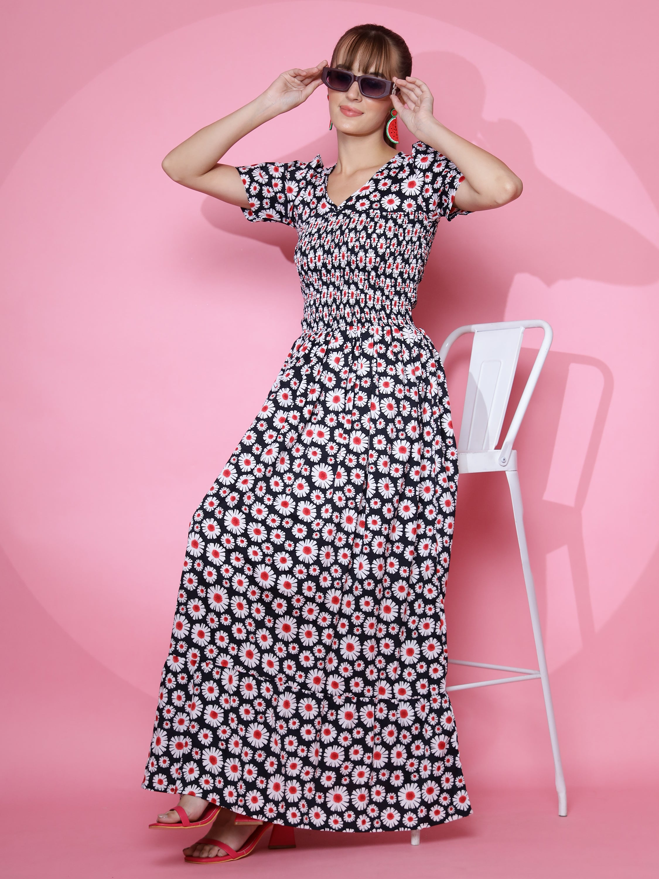Women Floral Printed Fit and Flare Black Dress