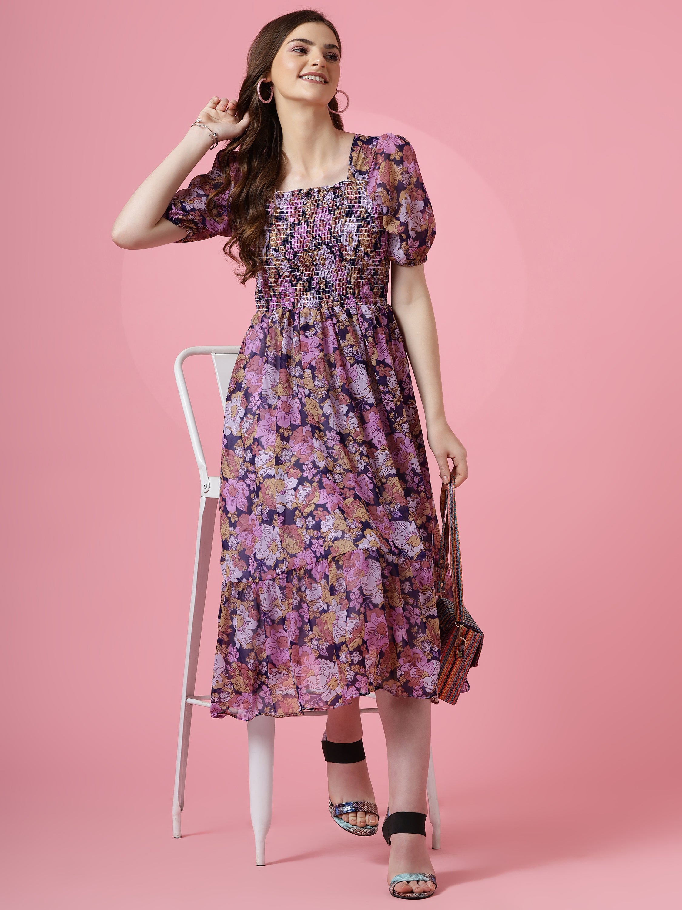 Women Purple Georgette Floral Printed Fit & Flare Maxi Dress