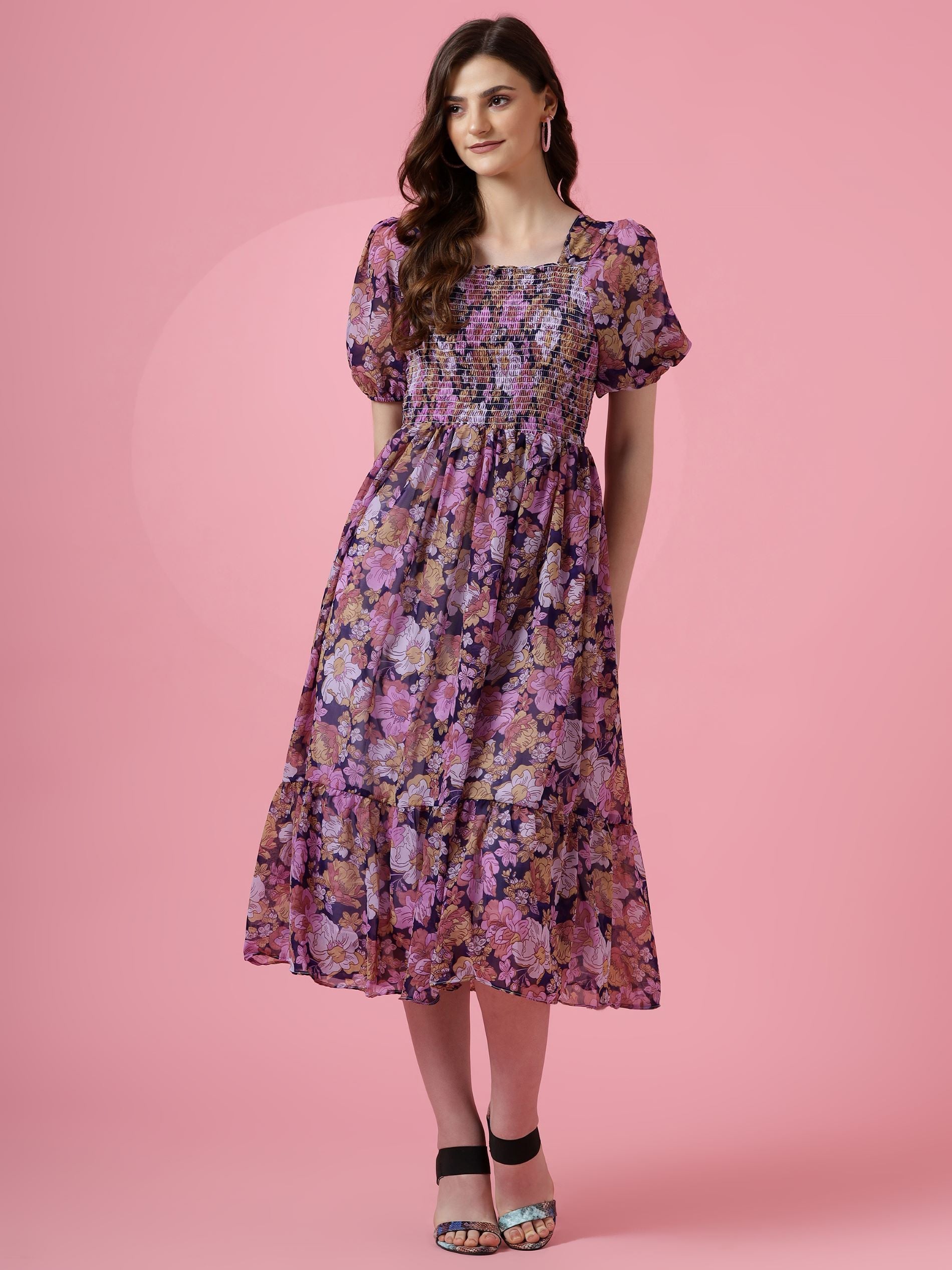 Women Purple Georgette Floral Printed Fit & Flare Maxi Dress