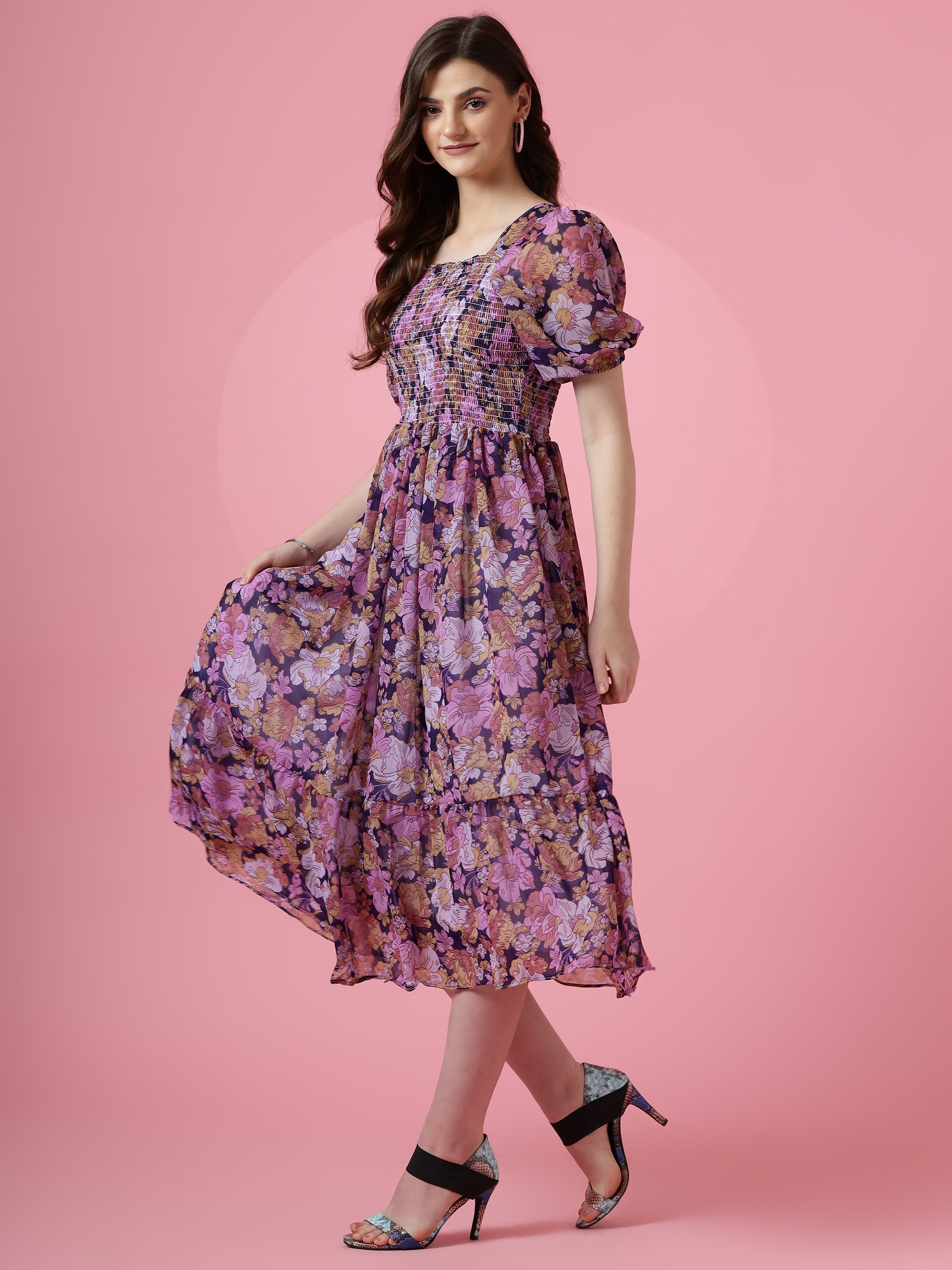 Women Purple Georgette Floral Printed Fit & Flare Maxi Dress