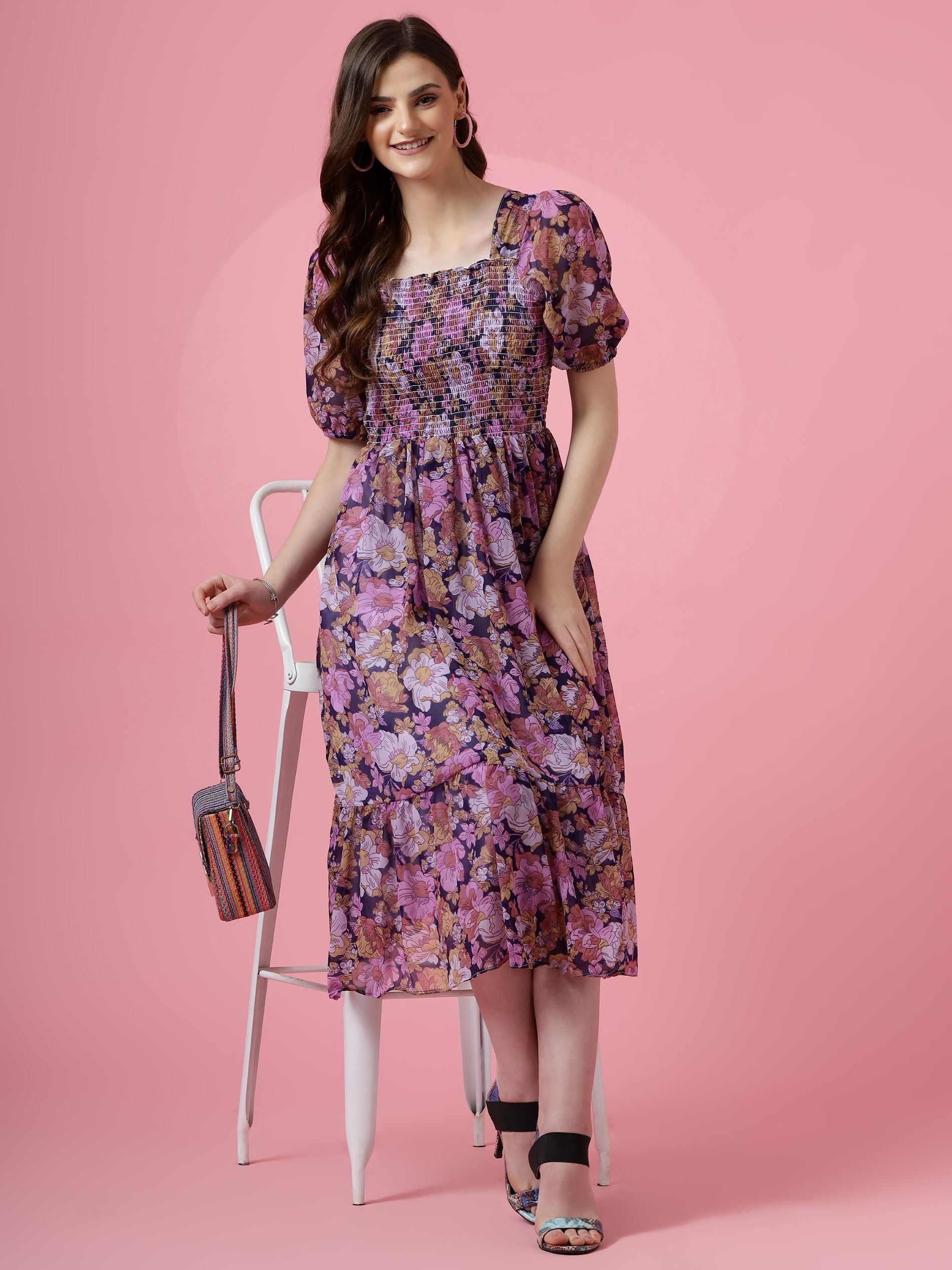 Women Purple Georgette Floral Printed Fit & Flare Maxi Dress