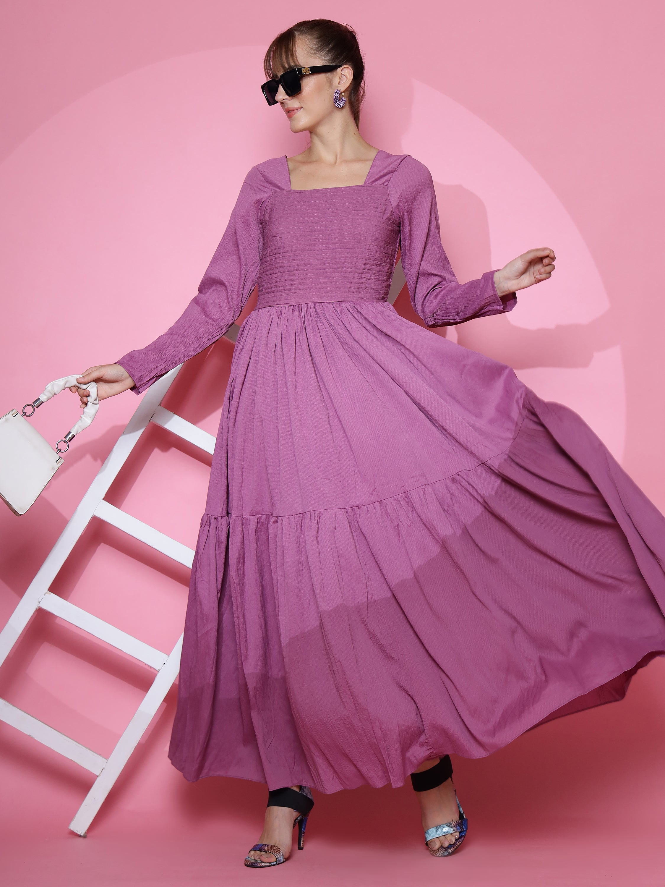 Women Purple Full Sleeve Fit and Flare Maxi Dress