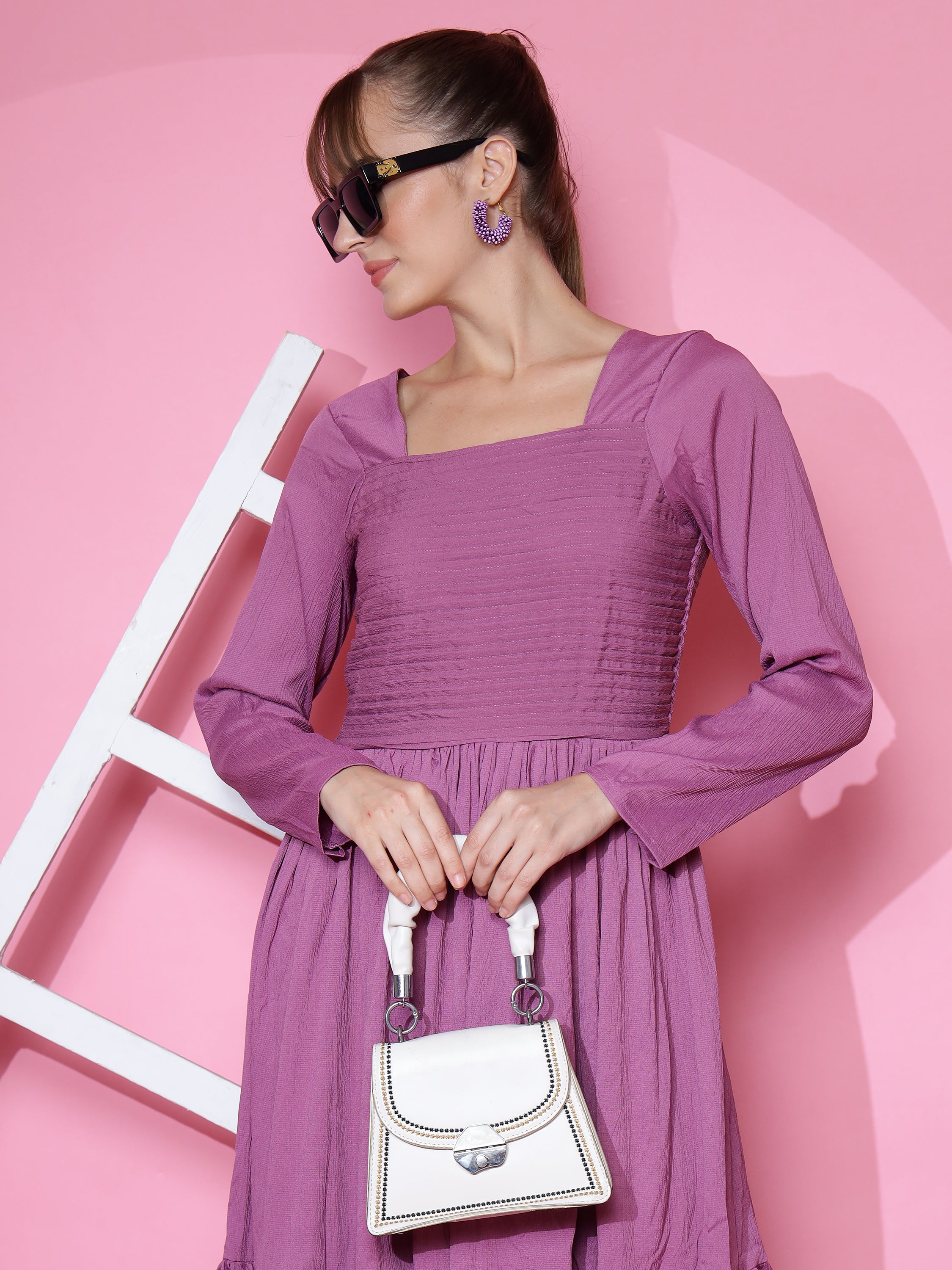 Women Purple Full Sleeve Fit and Flare Maxi Dress