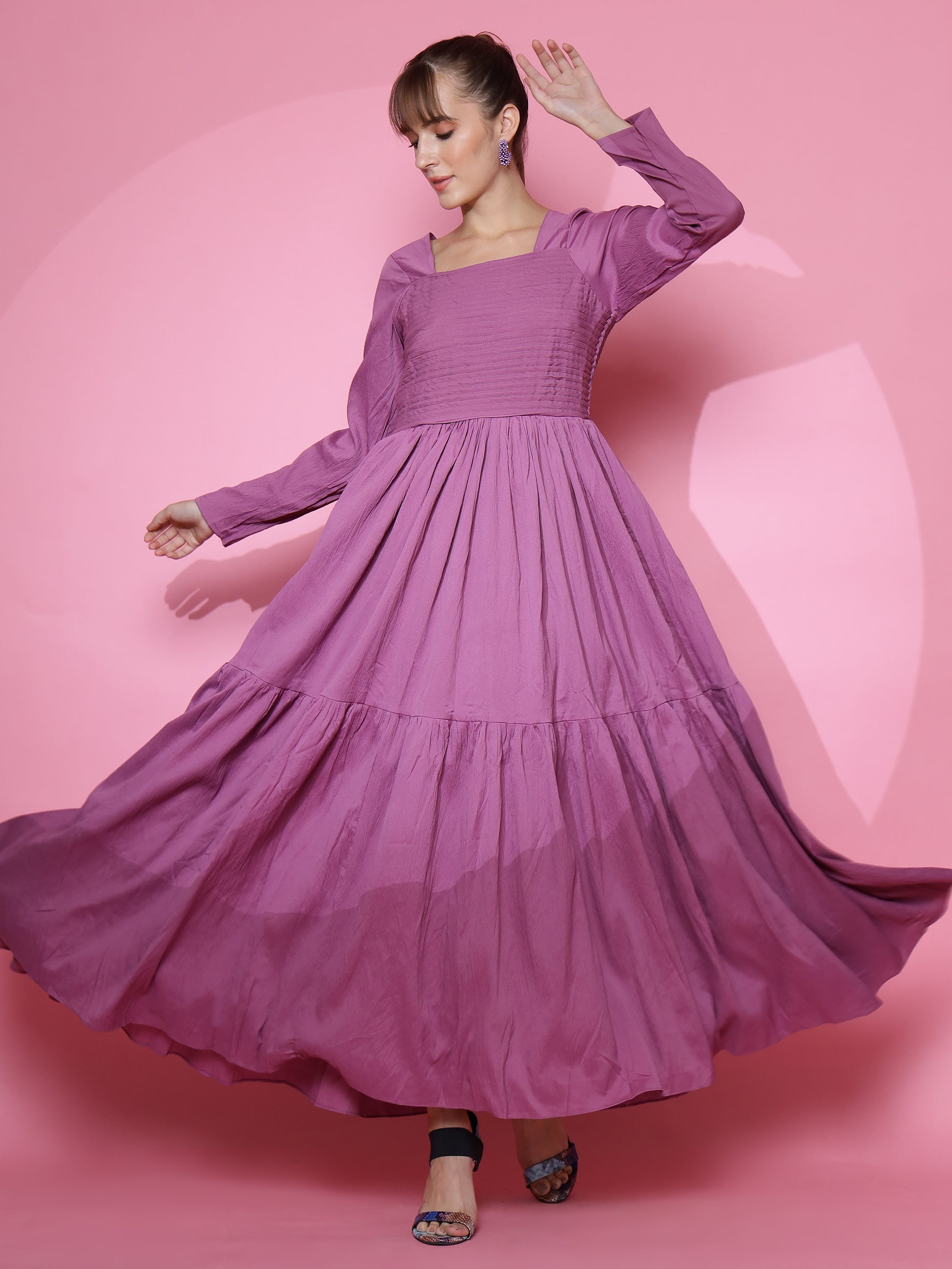 Women Purple Full Sleeve Fit and Flare Maxi Dress