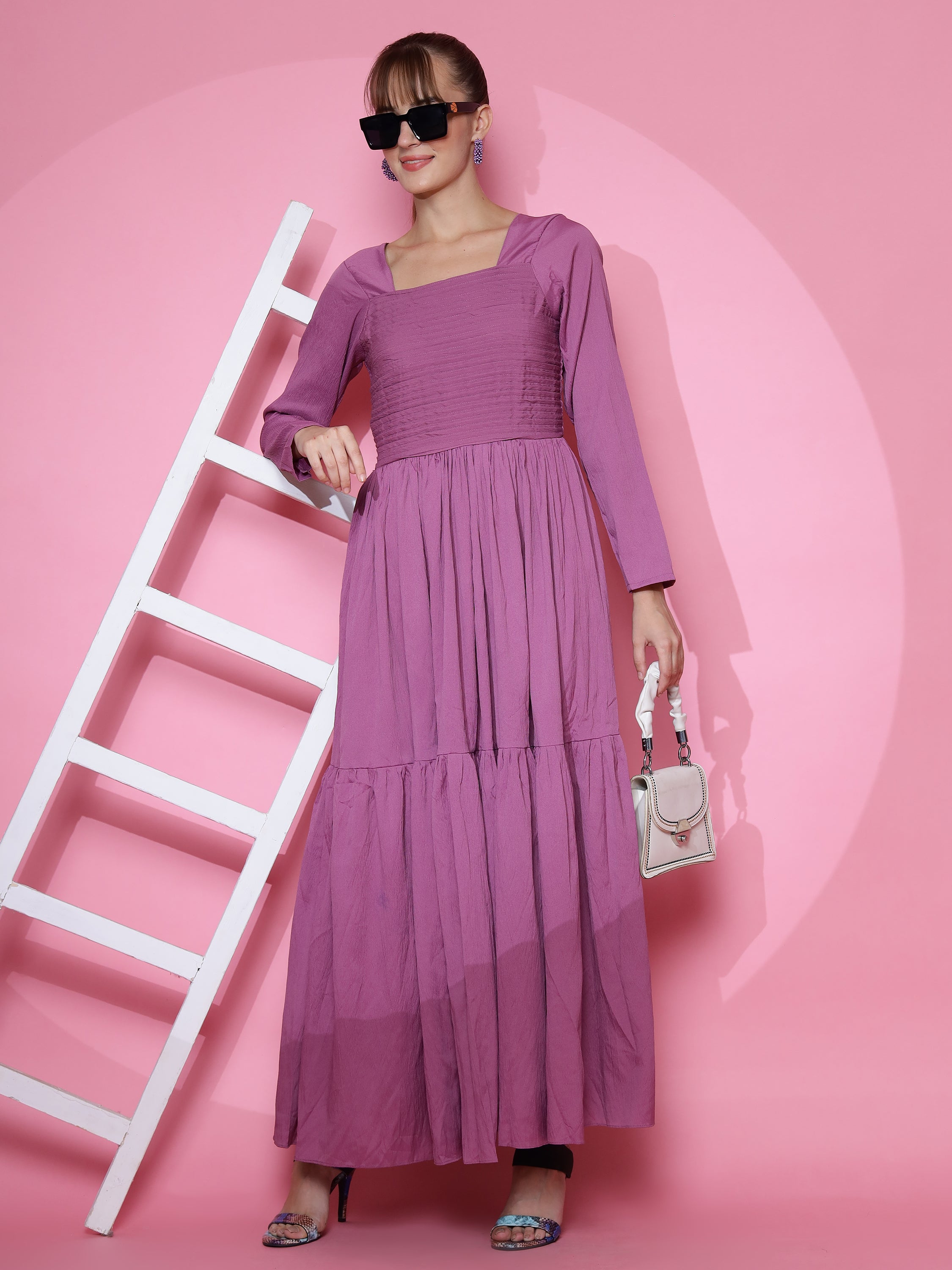 Women Purple Full Sleeve Fit and Flare Maxi Dress